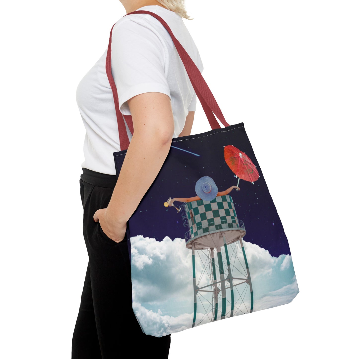 Tote Bag Featuring Surreal Art 'Soaked' - Woman with Martini Glass and Cocktail Umbrella - Nighttime Bliss