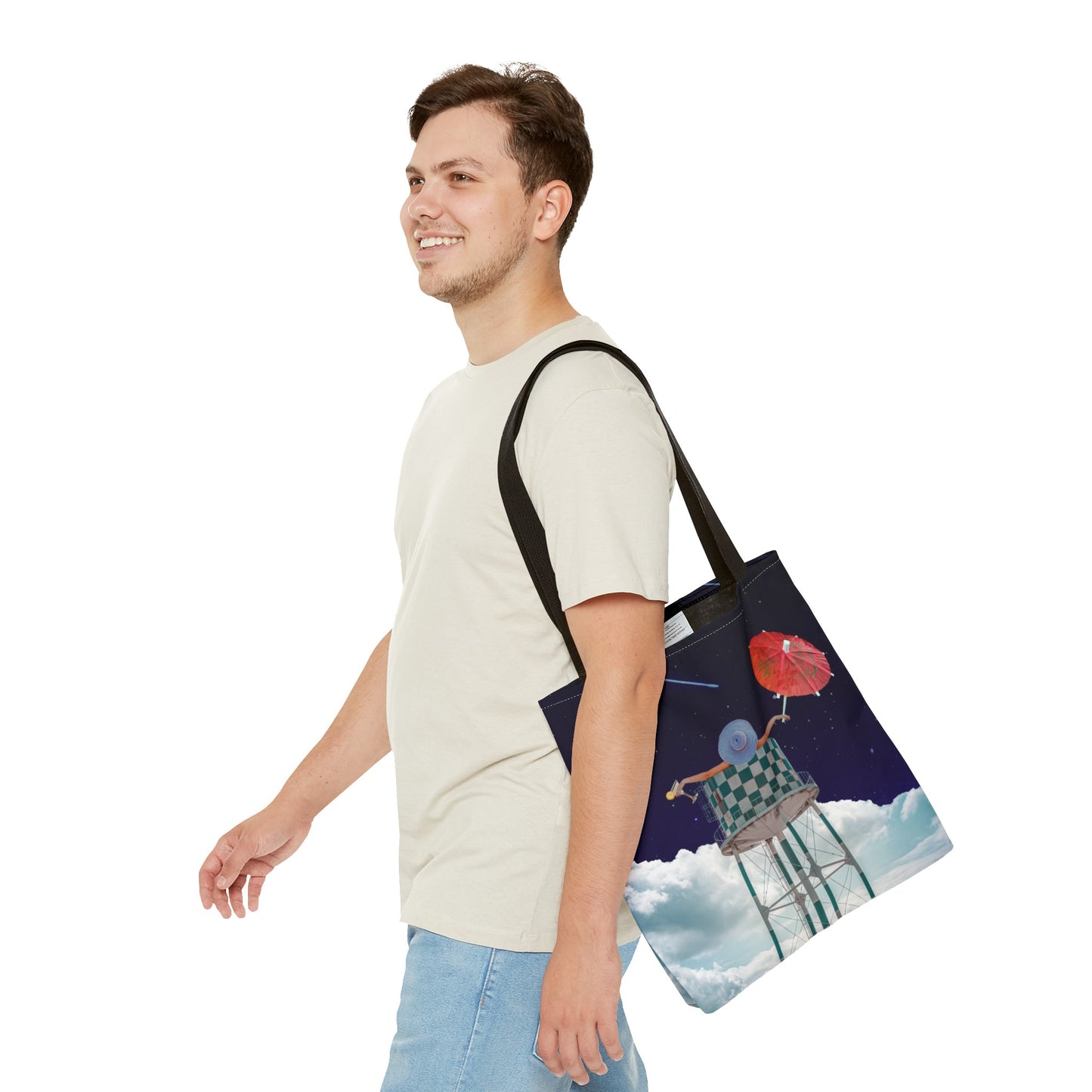 Tote Bag Featuring Surreal Art 'Soaked' - Woman with Martini Glass and Cocktail Umbrella - Nighttime Bliss