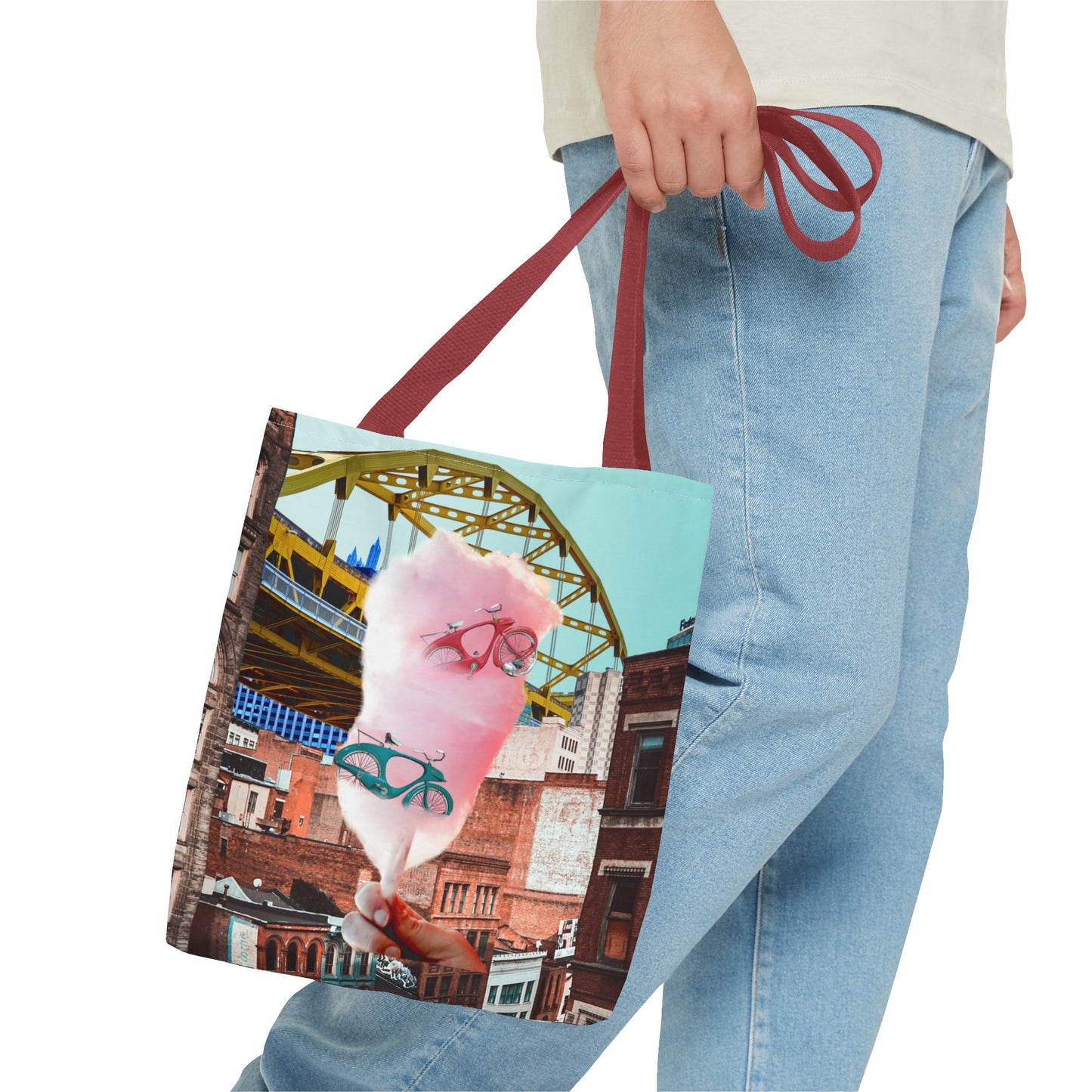 Sweet Ride Pittsburgh Landscape Tote Bag with Cotton Candy and Vintage Bicycles
