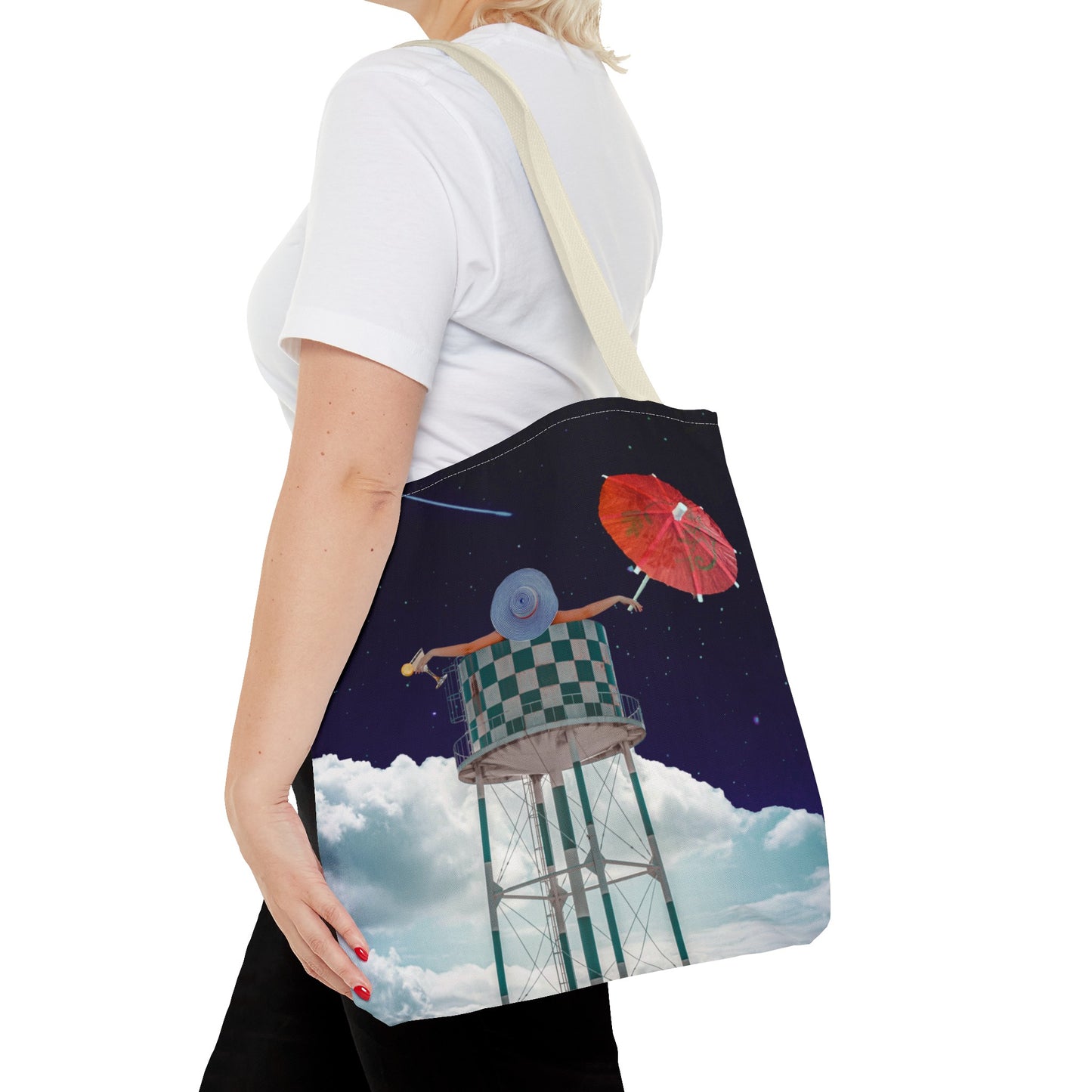 Tote Bag Featuring Surreal Art 'Soaked' - Woman with Martini Glass and Cocktail Umbrella - Nighttime Bliss