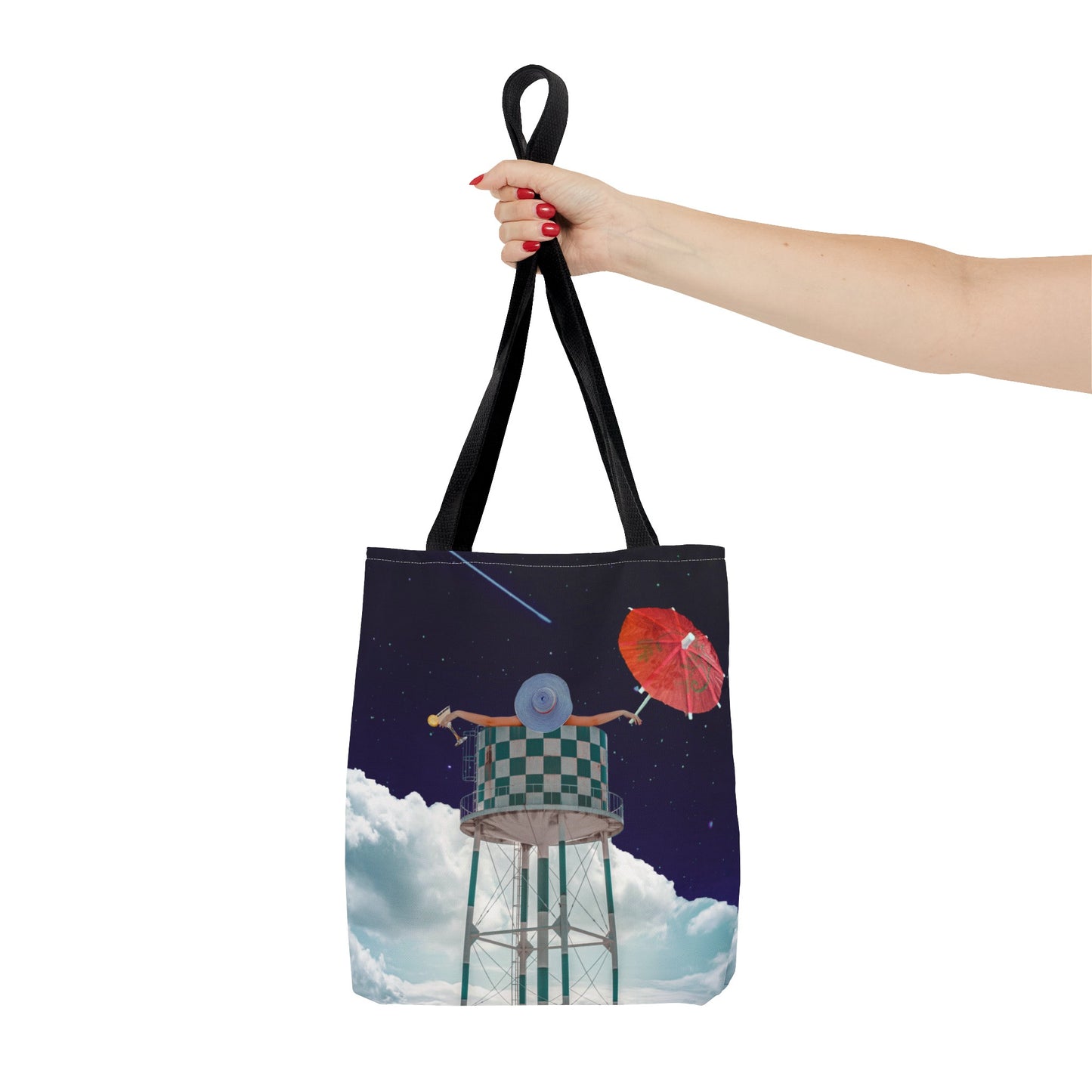 Tote Bag Featuring Surreal Art 'Soaked' - Woman with Martini Glass and Cocktail Umbrella - Nighttime Bliss