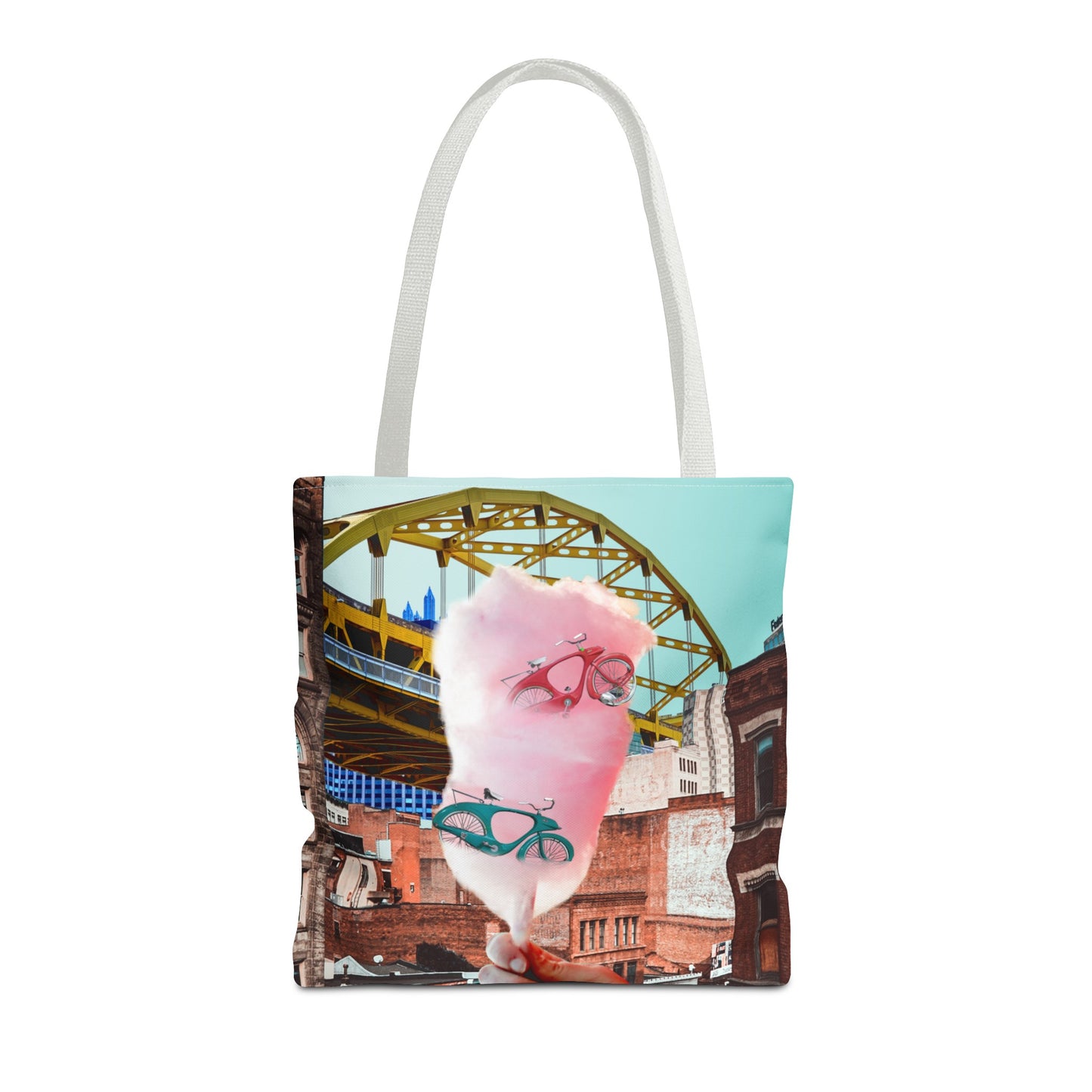 Sweet Ride Pittsburgh Landscape Tote Bag with Cotton Candy and Vintage Bicycles