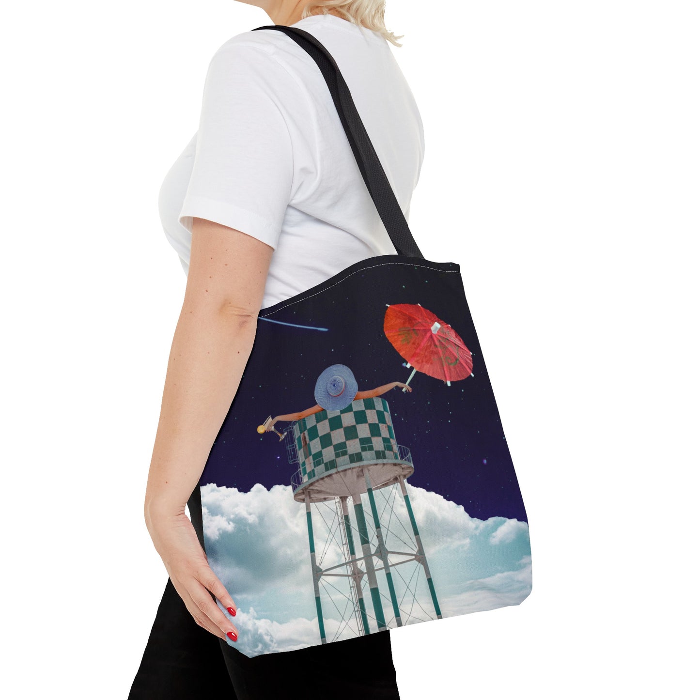 Tote Bag Featuring Surreal Art 'Soaked' - Woman with Martini Glass and Cocktail Umbrella - Nighttime Bliss