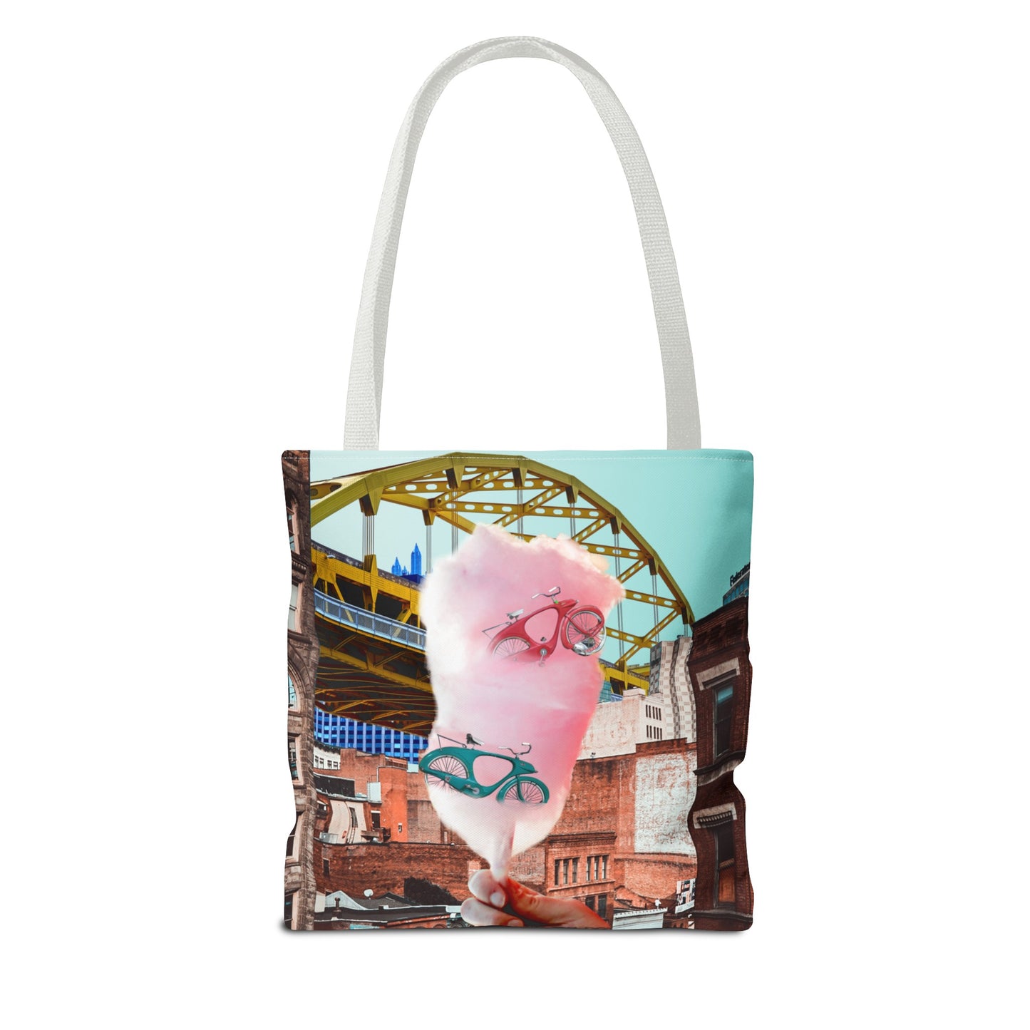 Sweet Ride Pittsburgh Landscape Tote Bag with Cotton Candy and Vintage Bicycles