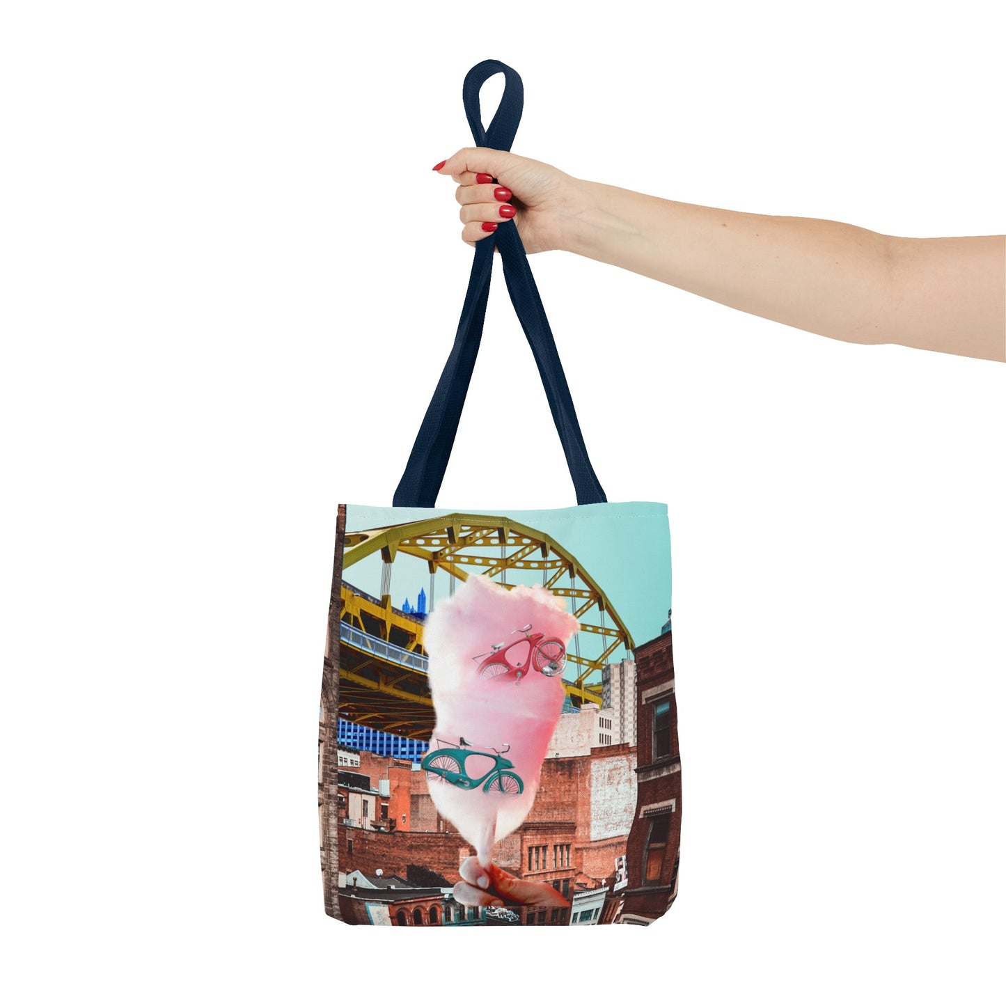 Sweet Ride Pittsburgh Landscape Tote Bag with Cotton Candy and Vintage Bicycles