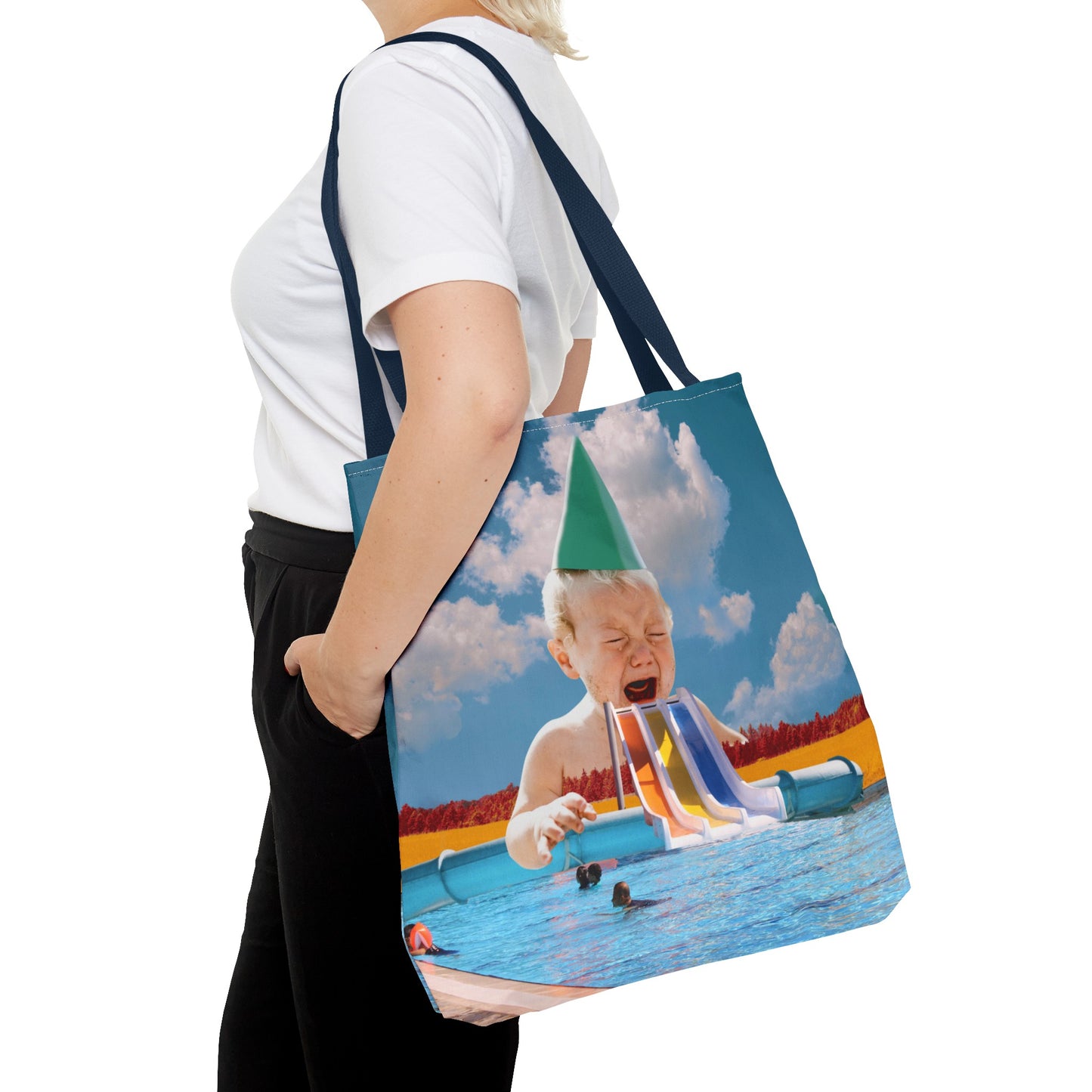 Vibrant Pool Party Beach Tote Bag - Surreal Art Print - Giant Baby and Colorful Pool Slide