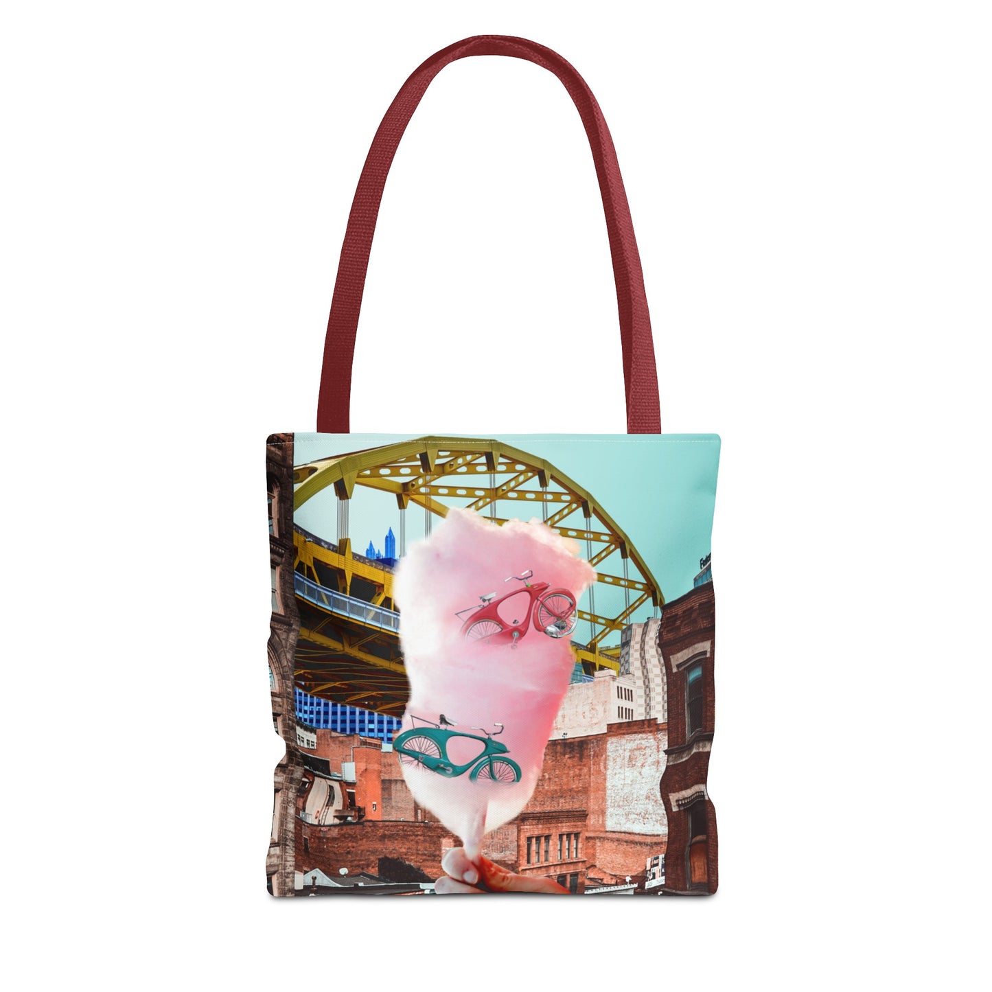 Sweet Ride Pittsburgh Landscape Tote Bag with Cotton Candy and Vintage Bicycles