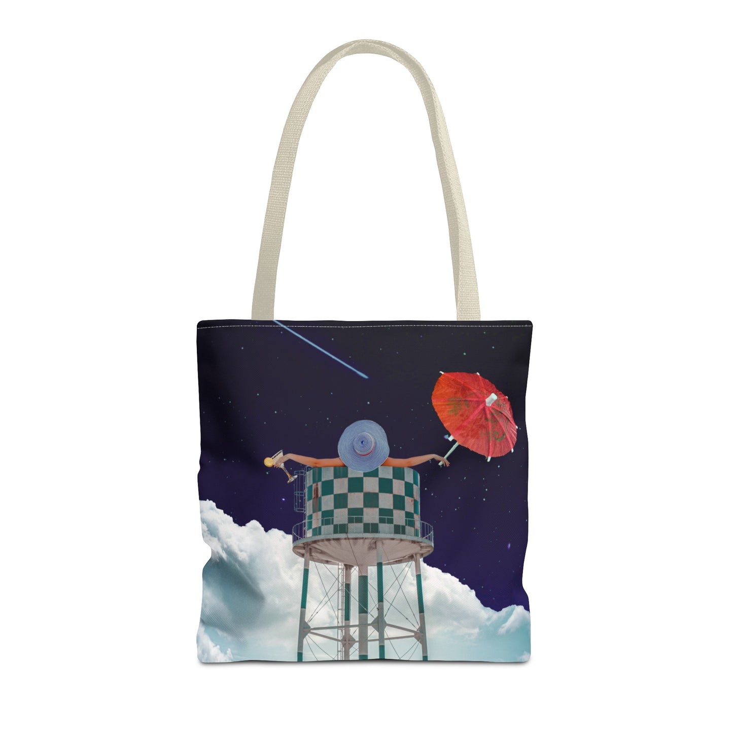 Tote Bag Featuring Surreal Art 'Soaked' - Woman with Martini Glass and Cocktail Umbrella - Nighttime Bliss