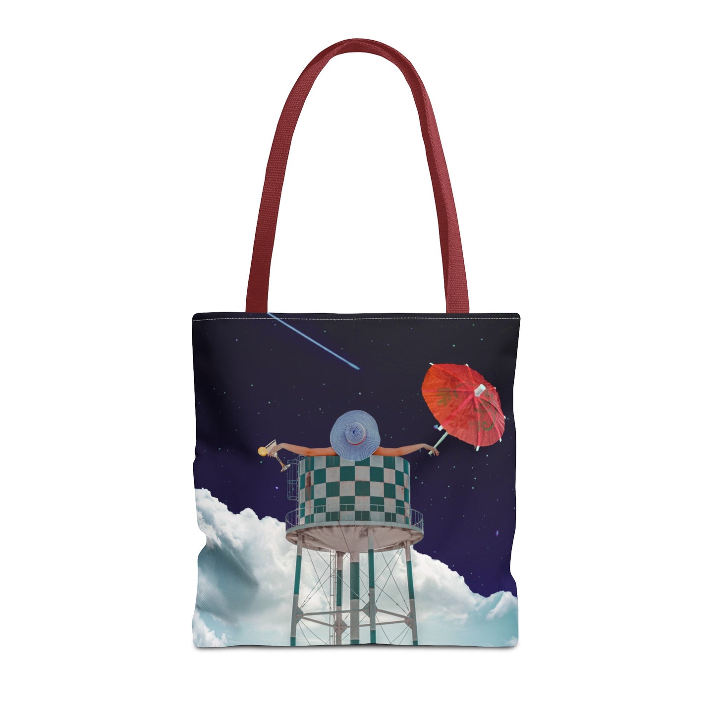 Tote Bag Featuring Surreal Art 'Soaked' - Woman with Martini Glass and Cocktail Umbrella - Nighttime Bliss