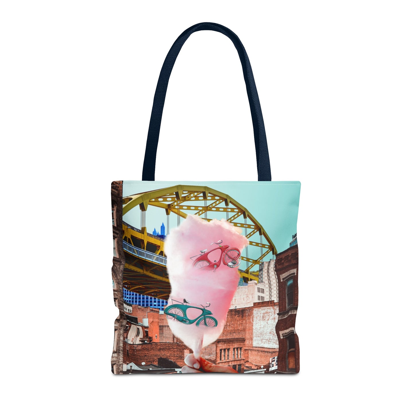 Sweet Ride Pittsburgh Landscape Tote Bag with Cotton Candy and Vintage Bicycles