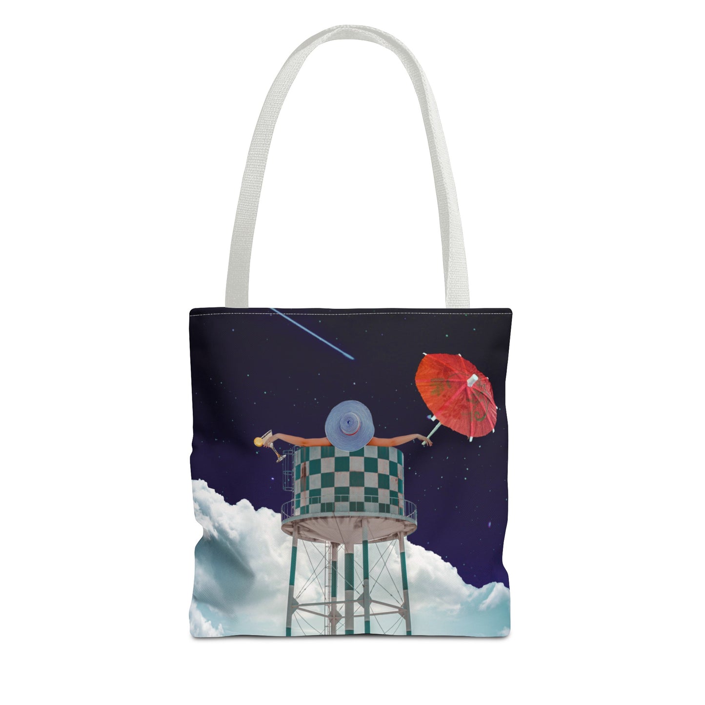 Tote Bag Featuring Surreal Art 'Soaked' - Woman with Martini Glass and Cocktail Umbrella - Nighttime Bliss