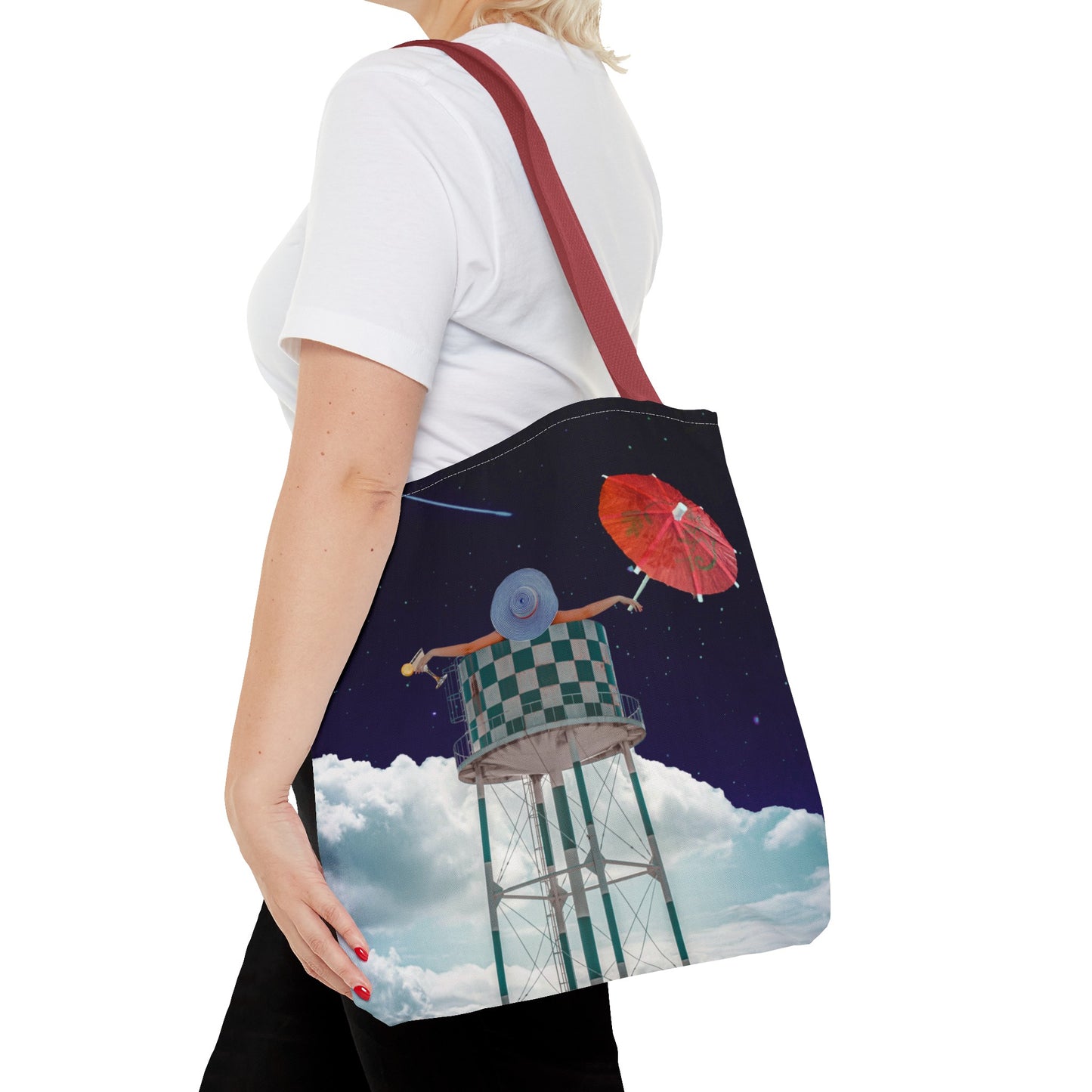 Tote Bag Featuring Surreal Art 'Soaked' - Woman with Martini Glass and Cocktail Umbrella - Nighttime Bliss