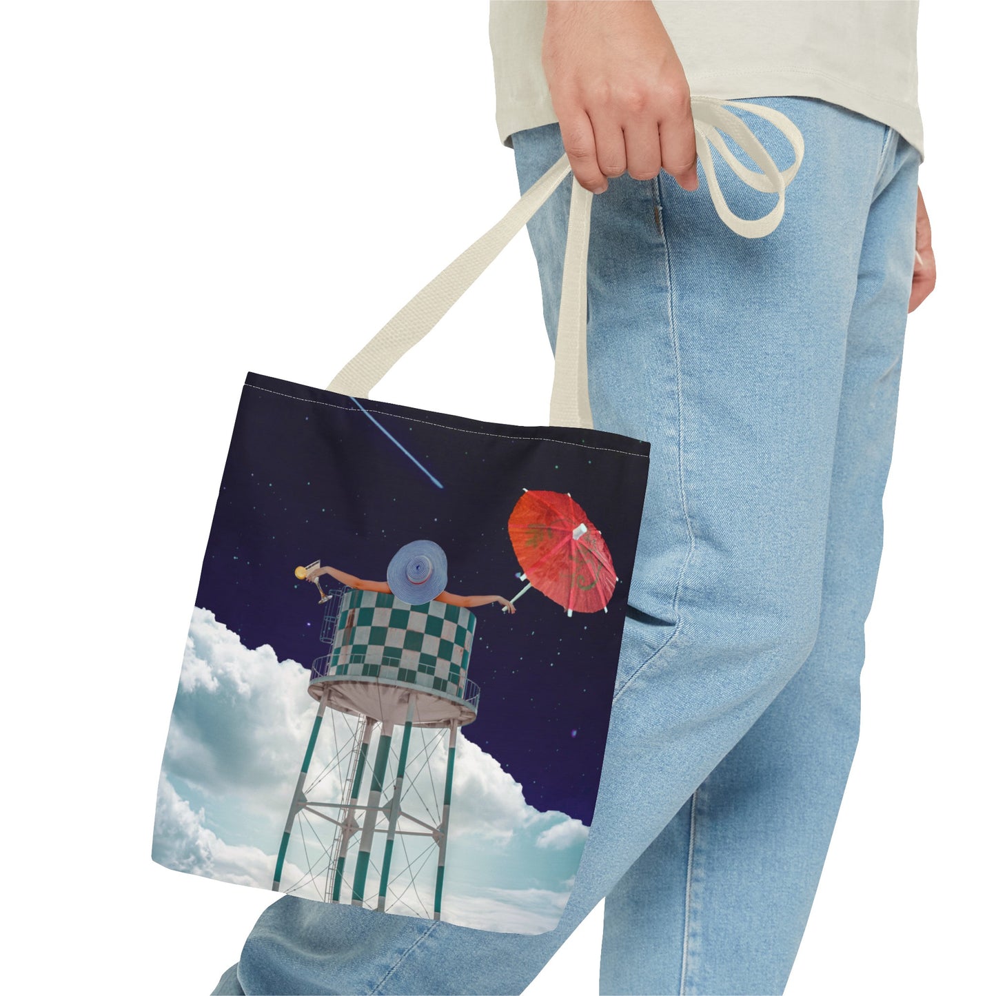 Tote Bag Featuring Surreal Art 'Soaked' - Woman with Martini Glass and Cocktail Umbrella - Nighttime Bliss