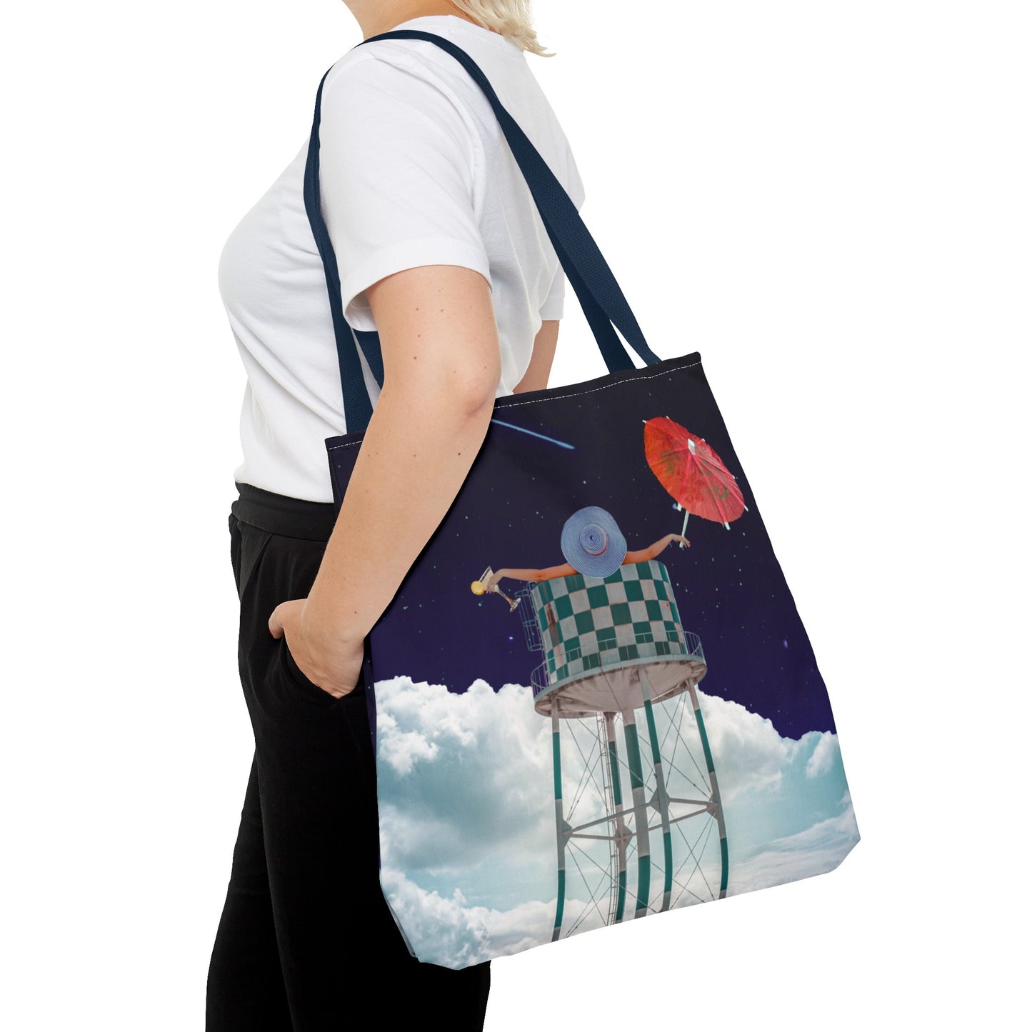 Tote Bag Featuring Surreal Art 'Soaked' - Woman with Martini Glass and Cocktail Umbrella - Nighttime Bliss