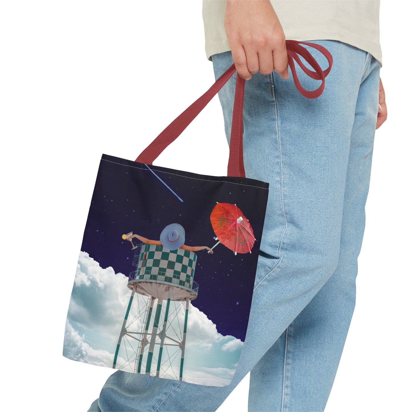 Tote Bag Featuring Surreal Art 'Soaked' - Woman with Martini Glass and Cocktail Umbrella - Nighttime Bliss