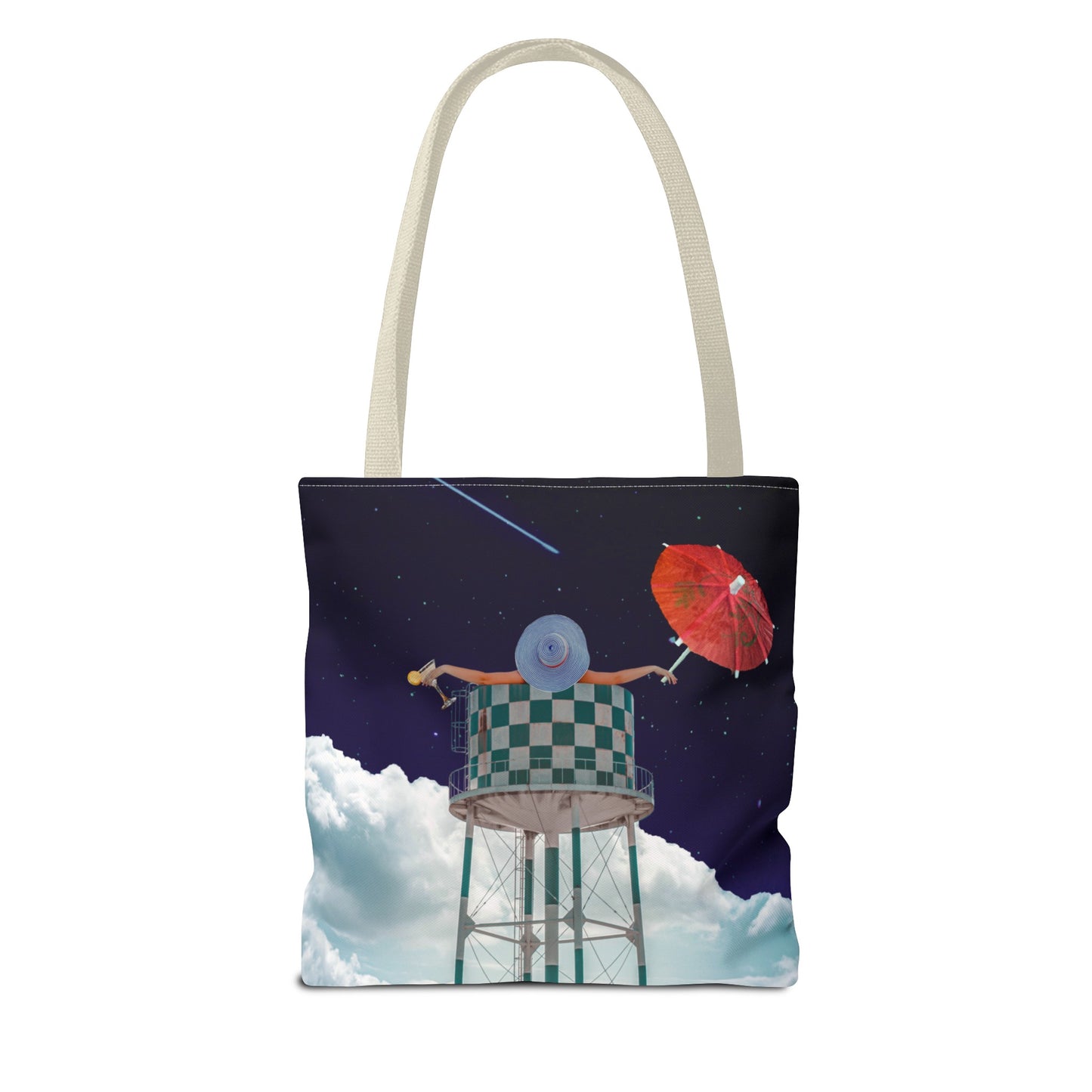Tote Bag Featuring Surreal Art 'Soaked' - Woman with Martini Glass and Cocktail Umbrella - Nighttime Bliss