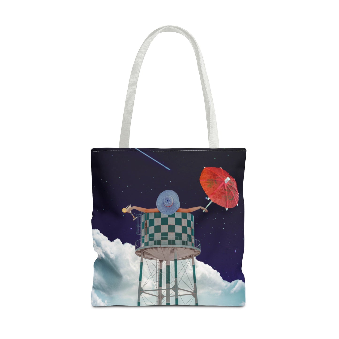 Tote Bag Featuring Surreal Art 'Soaked' - Woman with Martini Glass and Cocktail Umbrella - Nighttime Bliss