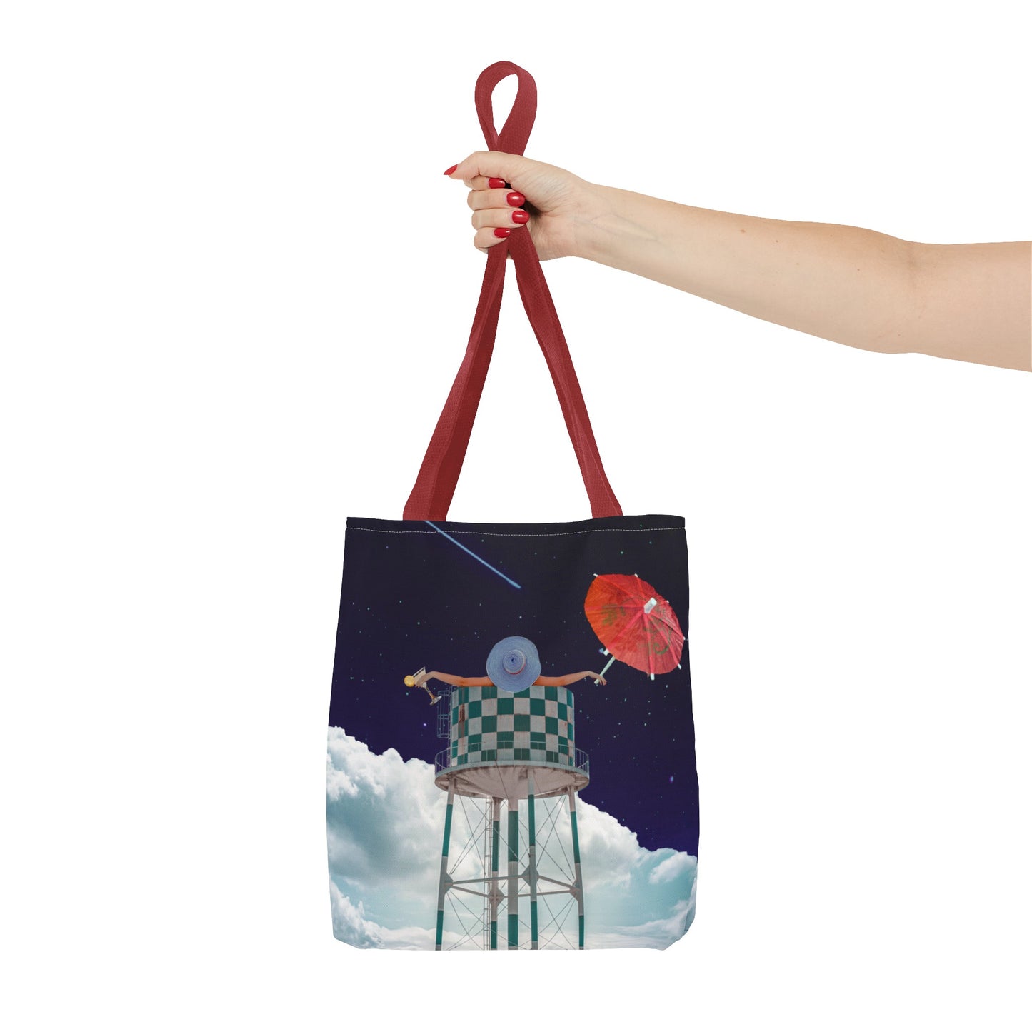 Tote Bag Featuring Surreal Art 'Soaked' - Woman with Martini Glass and Cocktail Umbrella - Nighttime Bliss