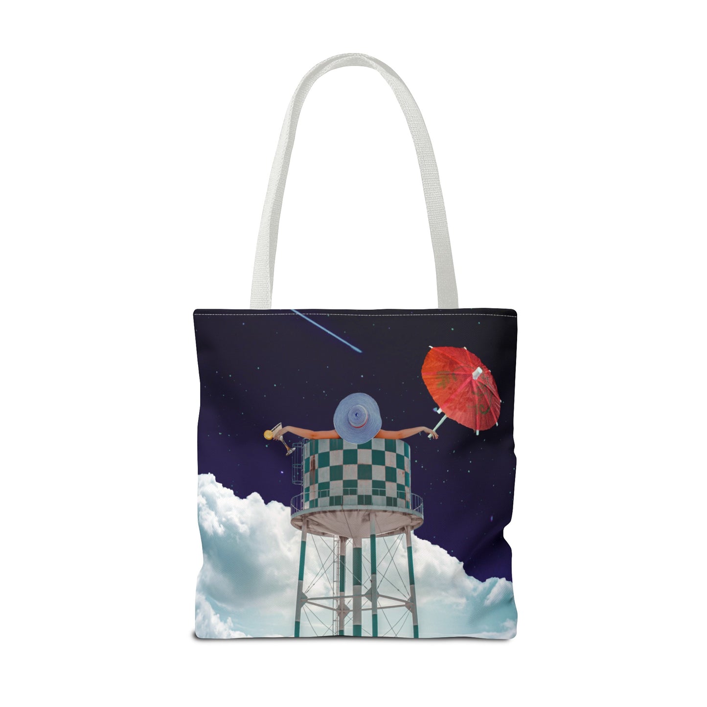 Tote Bag Featuring Surreal Art 'Soaked' - Woman with Martini Glass and Cocktail Umbrella - Nighttime Bliss