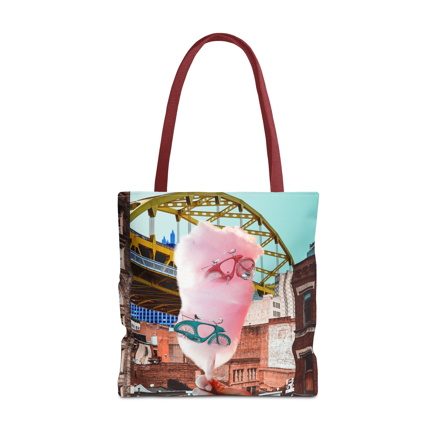 Sweet Ride Pittsburgh Landscape Tote Bag with Cotton Candy and Vintage Bicycles