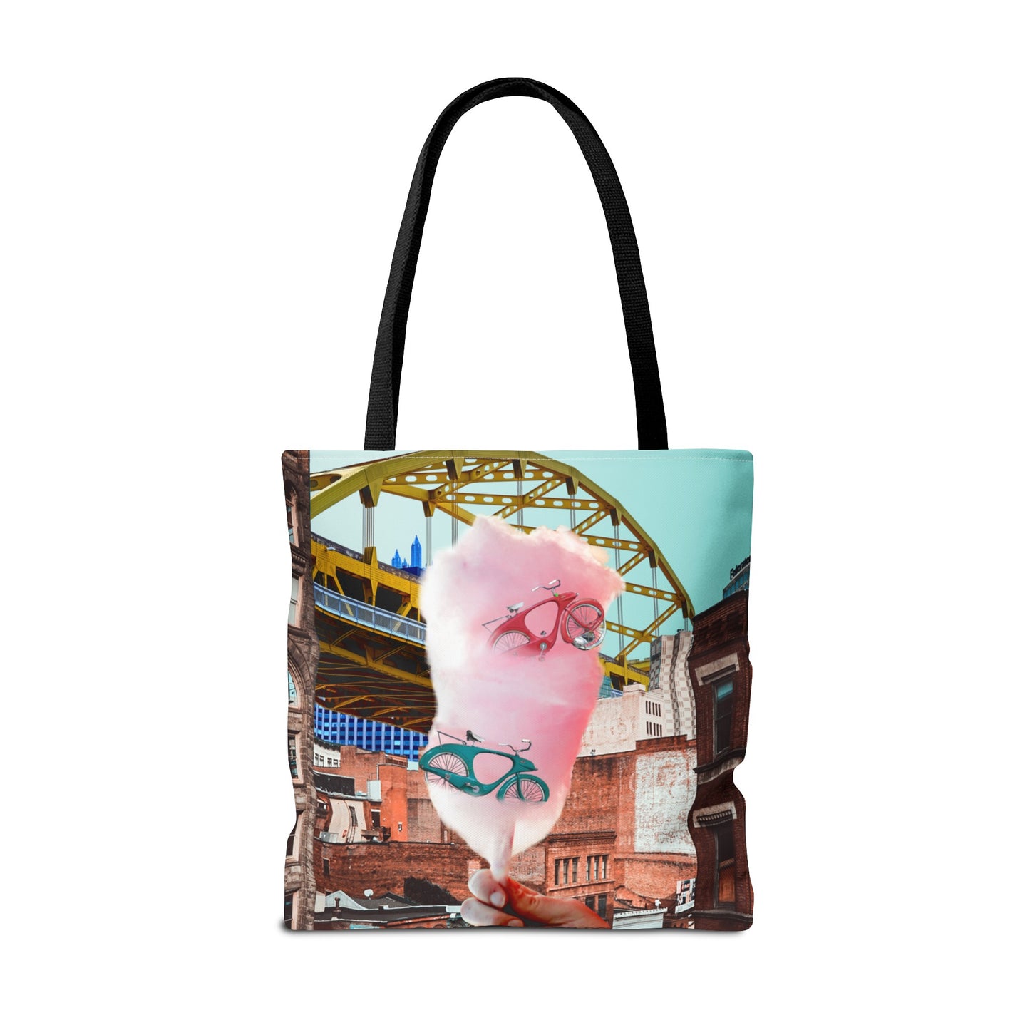 Sweet Ride Pittsburgh Landscape Tote Bag with Cotton Candy and Vintage Bicycles