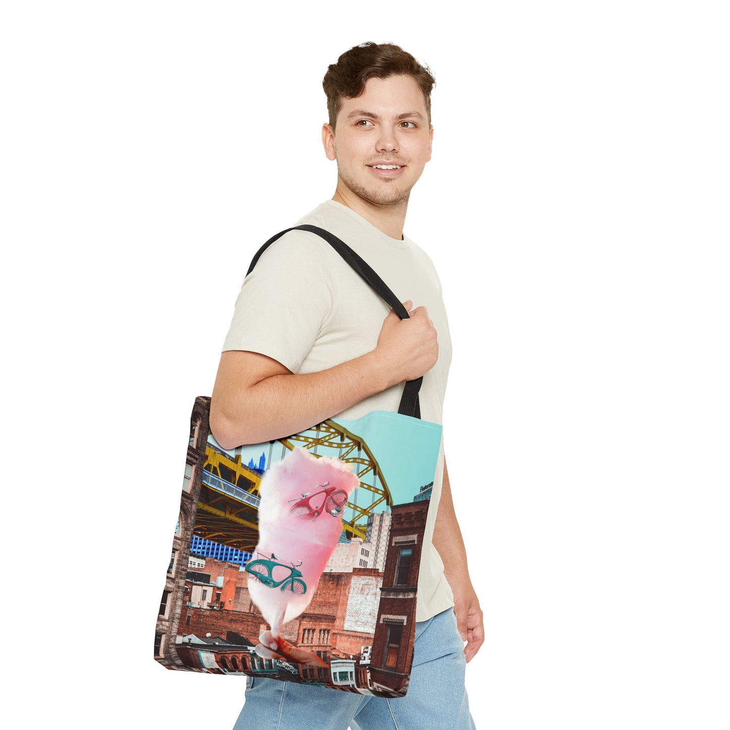 Sweet Ride Pittsburgh Landscape Tote Bag with Cotton Candy and Vintage Bicycles