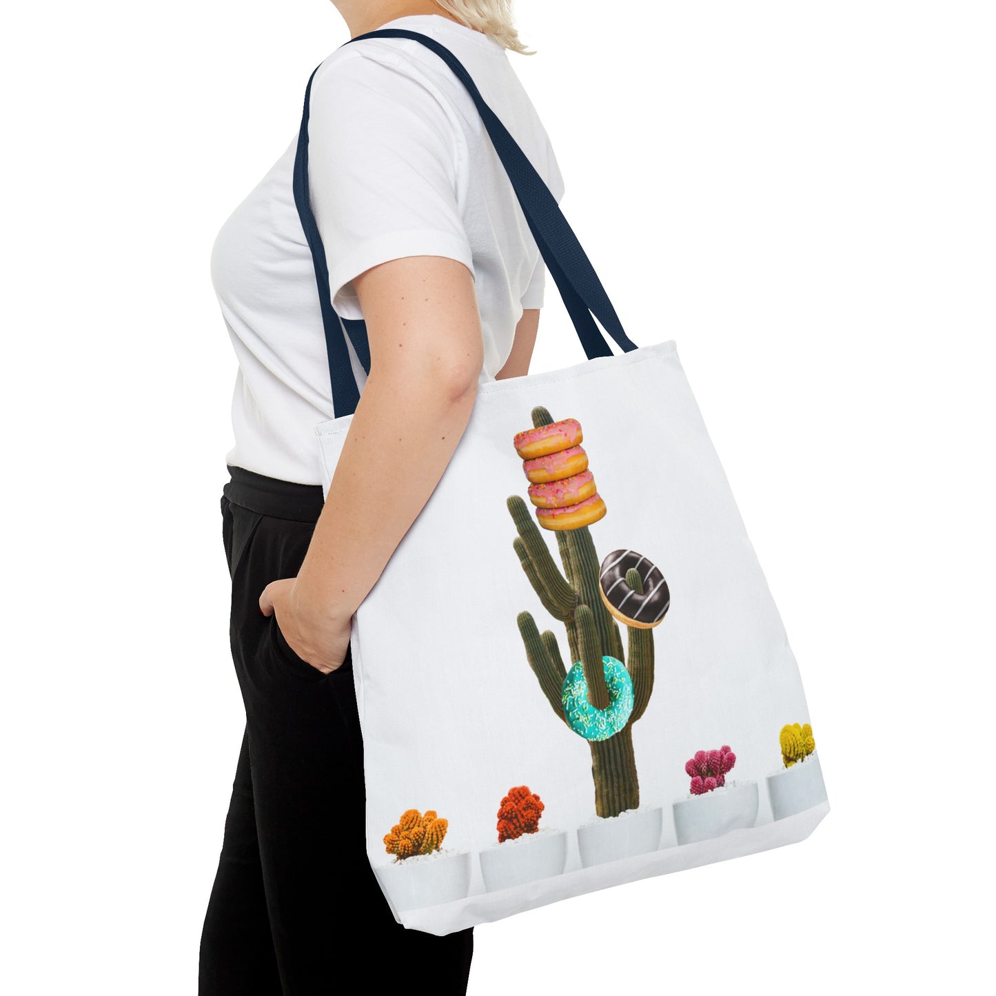 Collage Art Tote Bag featuring 'Giving Tree' & Colorful Donut Cactus Design