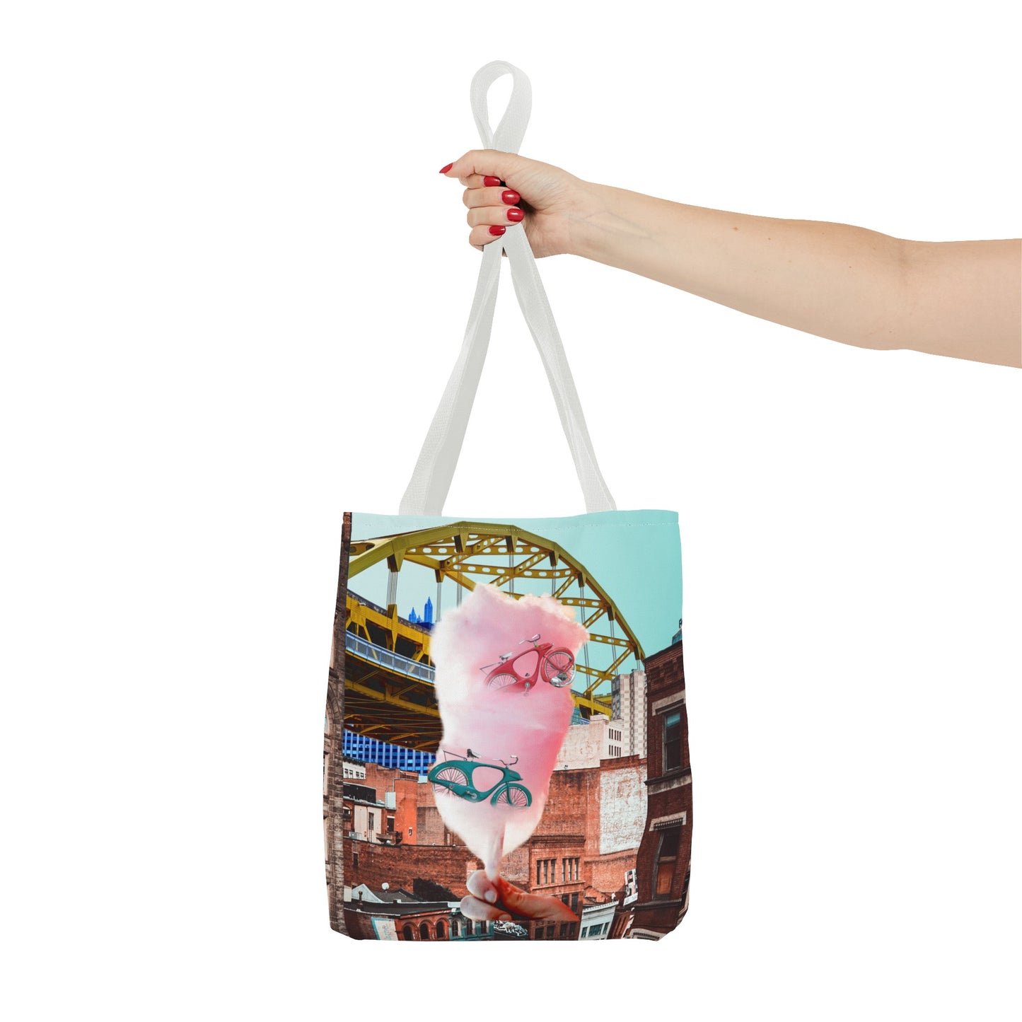 Sweet Ride Pittsburgh Landscape Tote Bag with Cotton Candy and Vintage Bicycles