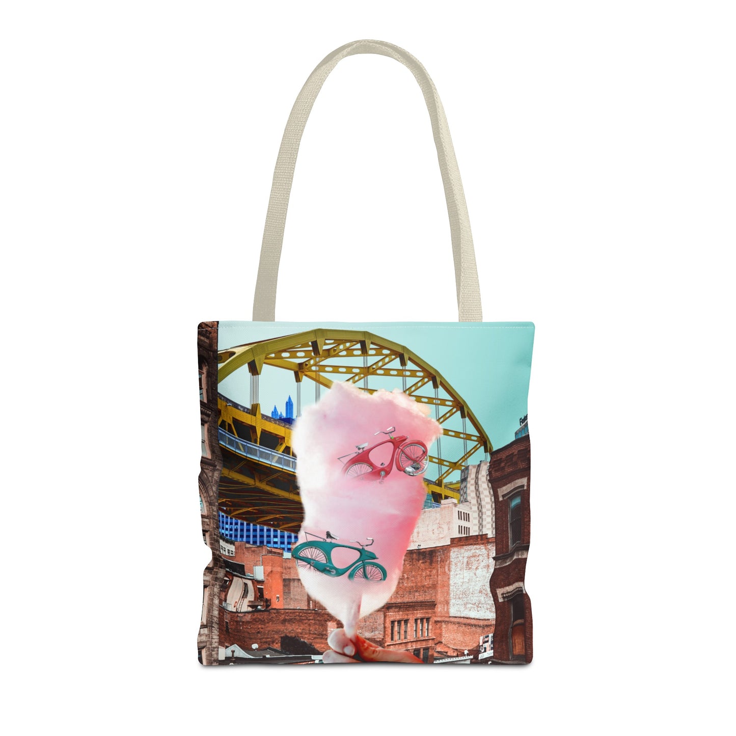 Sweet Ride Pittsburgh Landscape Tote Bag with Cotton Candy and Vintage Bicycles