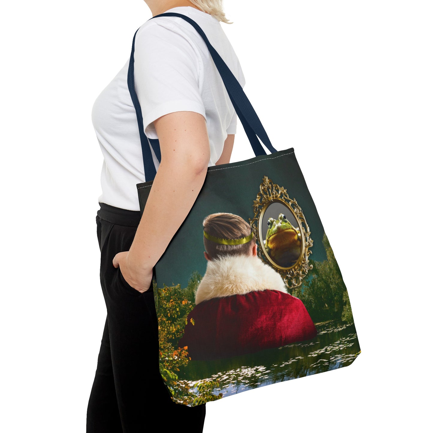Frog Prince Reflection Tote Bag - Mystic Wetlands Collage Art Print