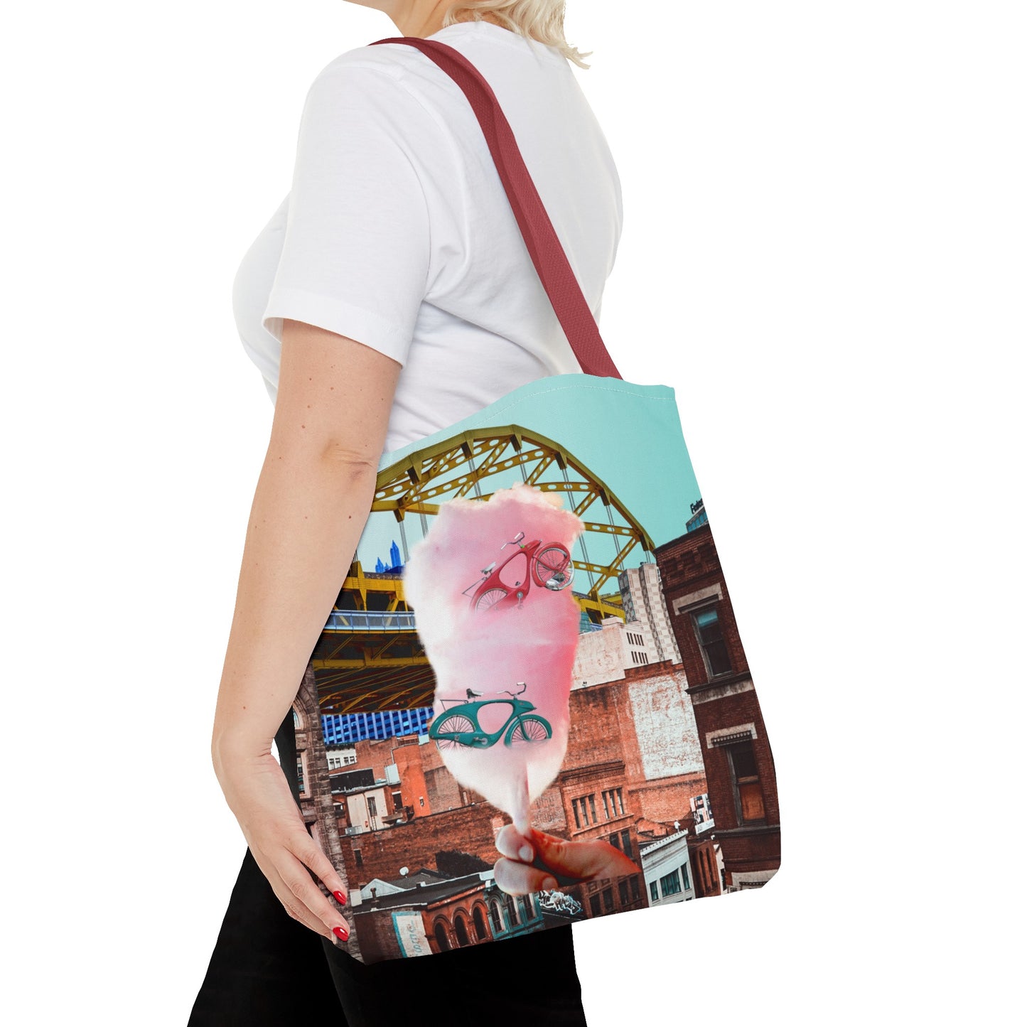 Sweet Ride Pittsburgh Landscape Tote Bag with Cotton Candy and Vintage Bicycles