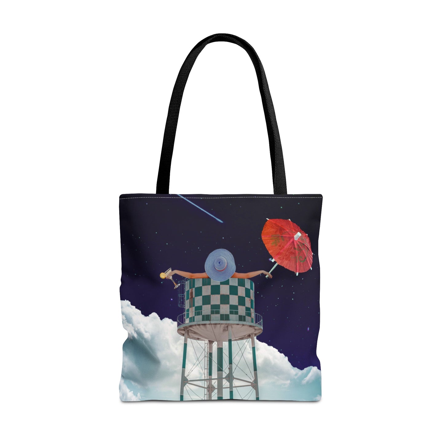 Tote Bag Featuring Surreal Art 'Soaked' - Woman with Martini Glass and Cocktail Umbrella - Nighttime Bliss