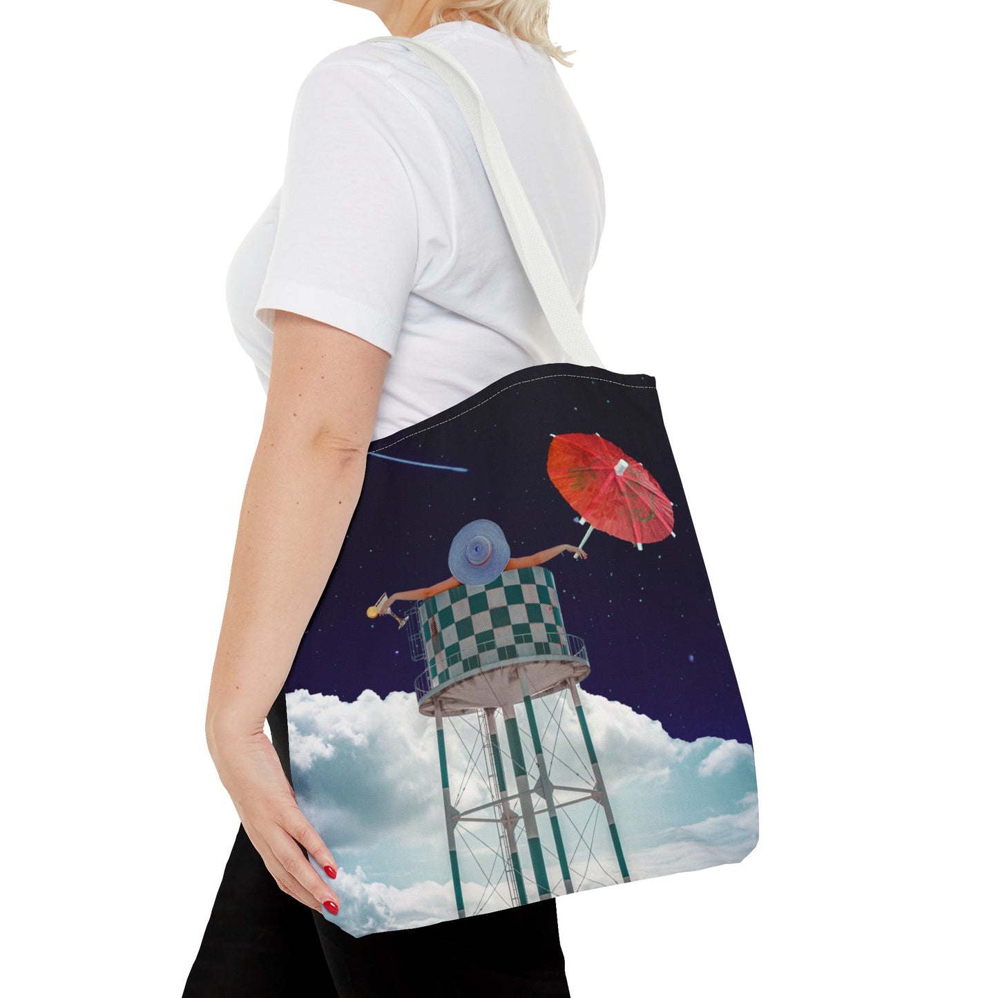 Tote Bag Featuring Surreal Art 'Soaked' - Woman with Martini Glass and Cocktail Umbrella - Nighttime Bliss