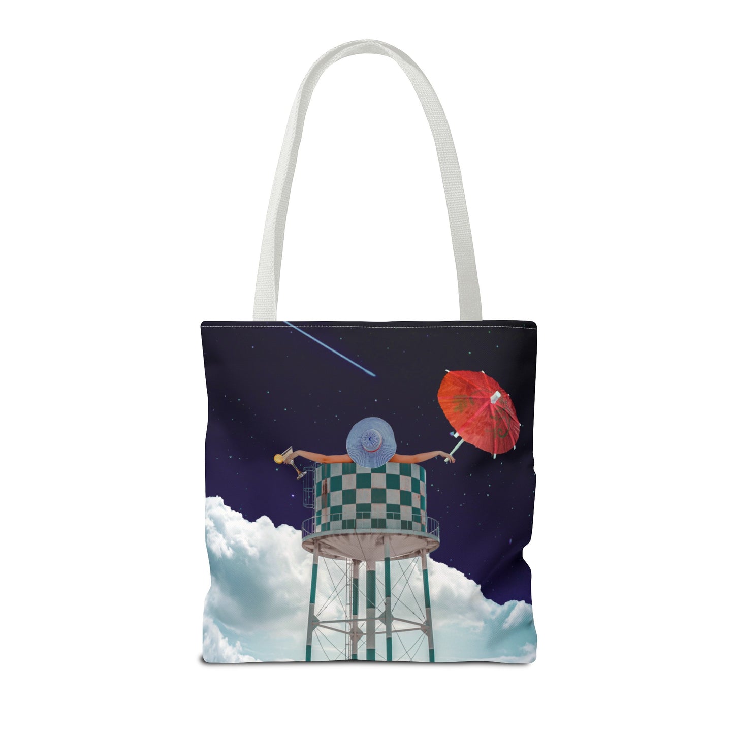 Tote Bag Featuring Surreal Art 'Soaked' - Woman with Martini Glass and Cocktail Umbrella - Nighttime Bliss