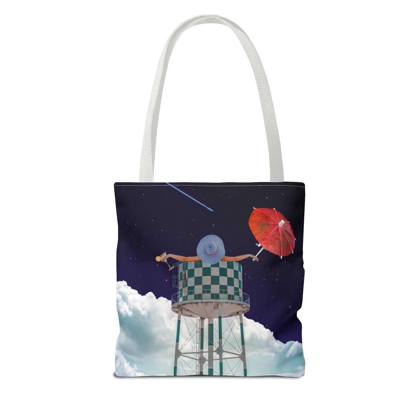 Tote Bag Featuring Surreal Art 'Soaked' - Woman with Martini Glass and Cocktail Umbrella - Nighttime Bliss