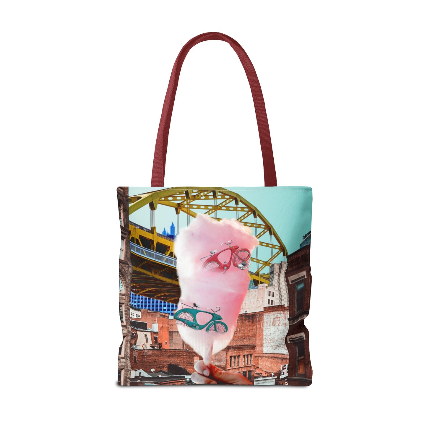 Sweet Ride Pittsburgh Landscape Tote Bag with Cotton Candy and Vintage Bicycles