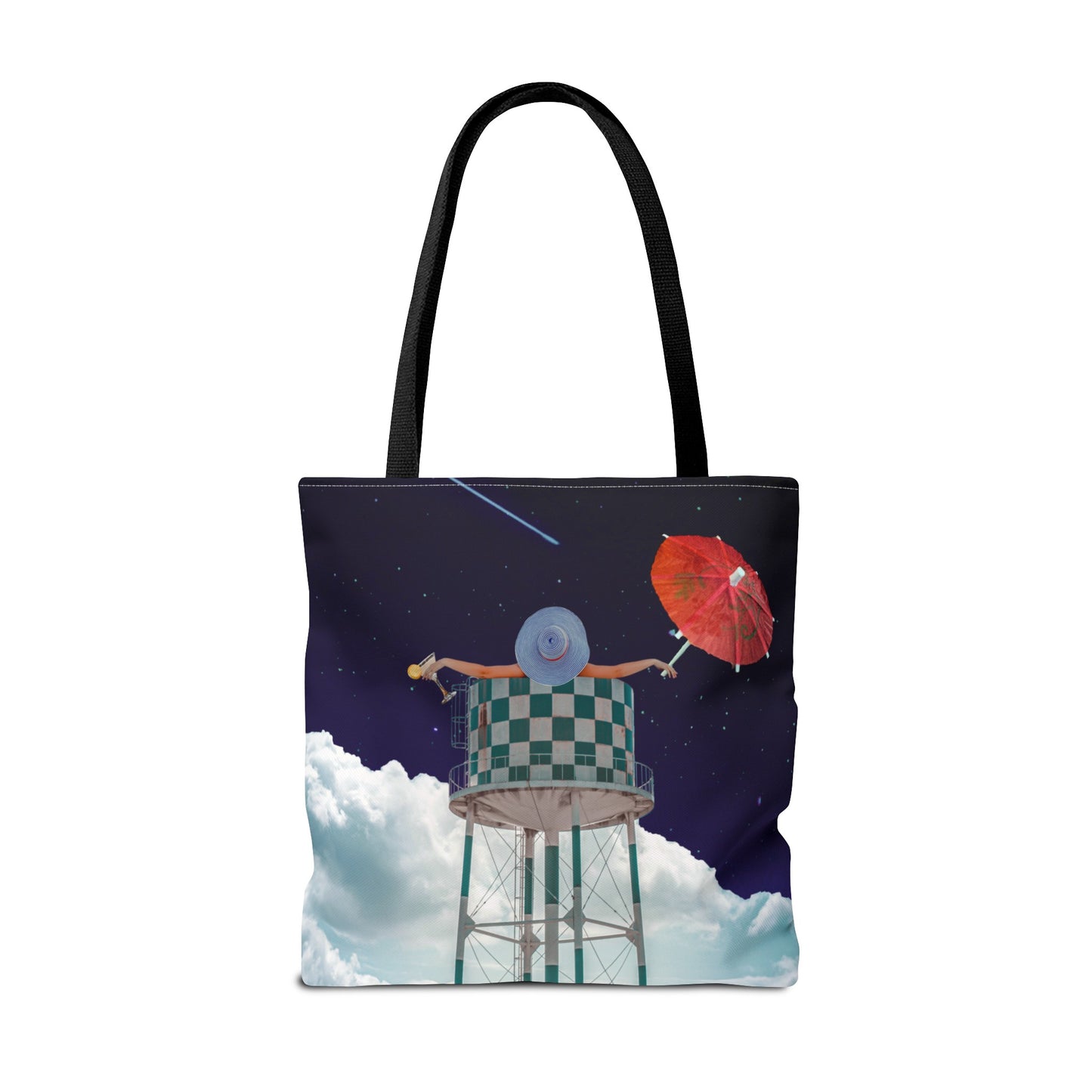 Tote Bag Featuring Surreal Art 'Soaked' - Woman with Martini Glass and Cocktail Umbrella - Nighttime Bliss