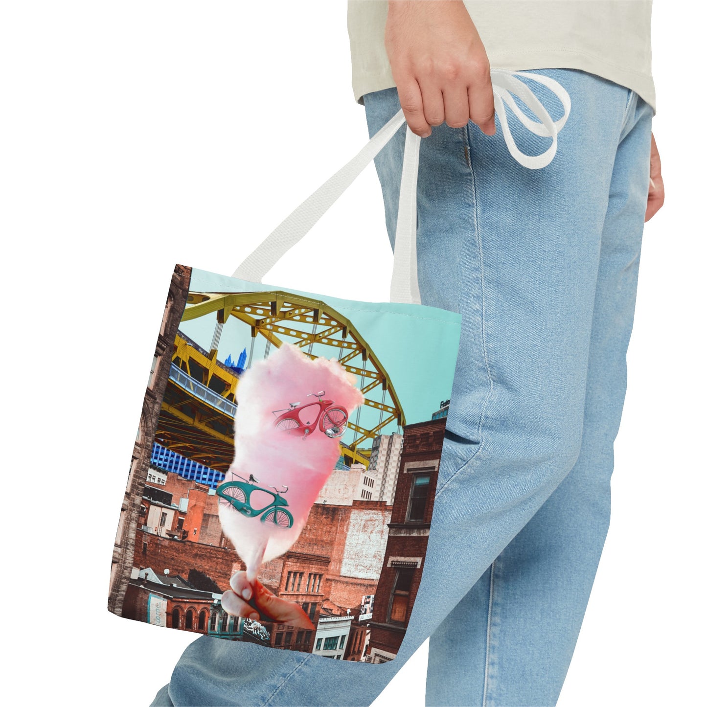 Sweet Ride Pittsburgh Landscape Tote Bag with Cotton Candy and Vintage Bicycles