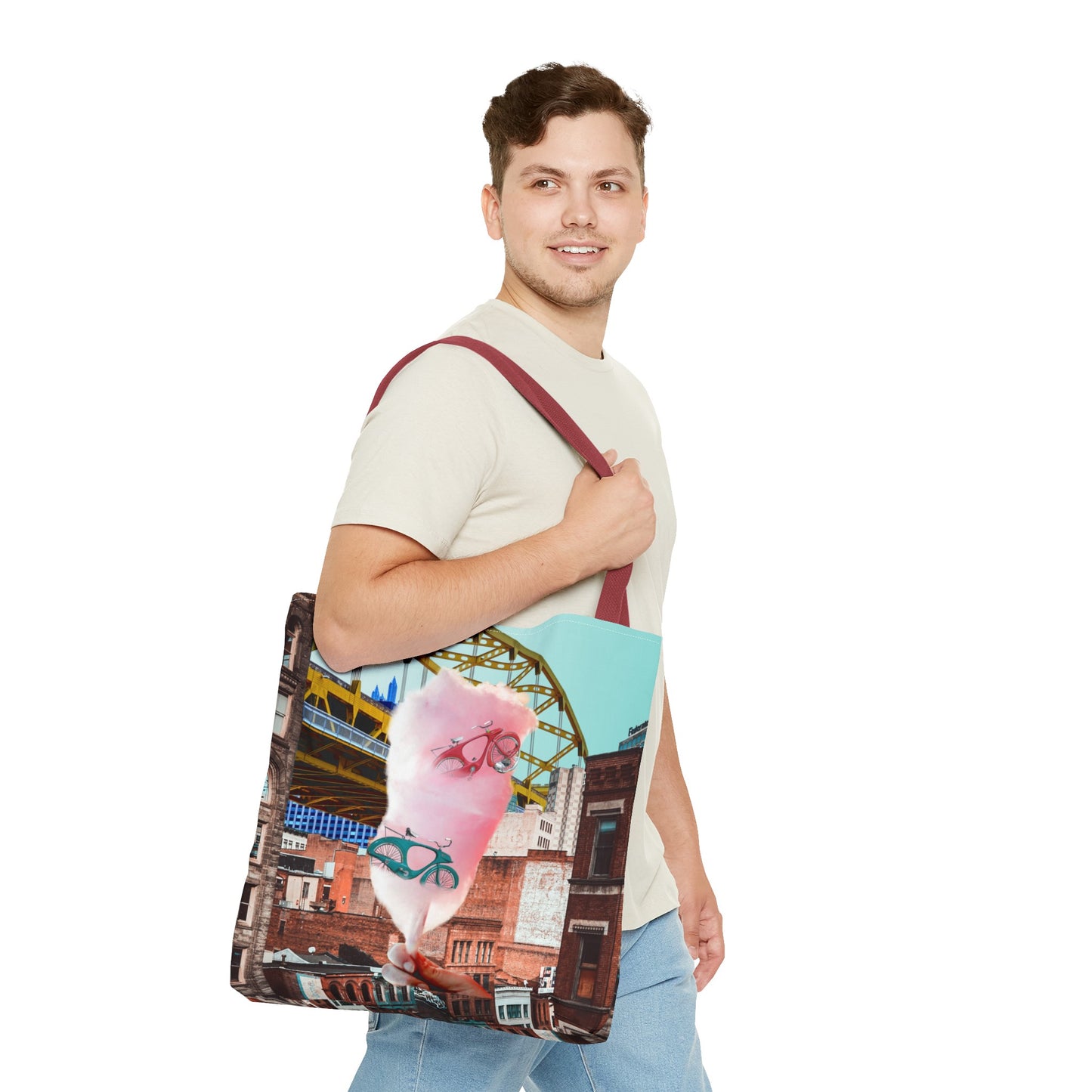 Sweet Ride Pittsburgh Landscape Tote Bag with Cotton Candy and Vintage Bicycles