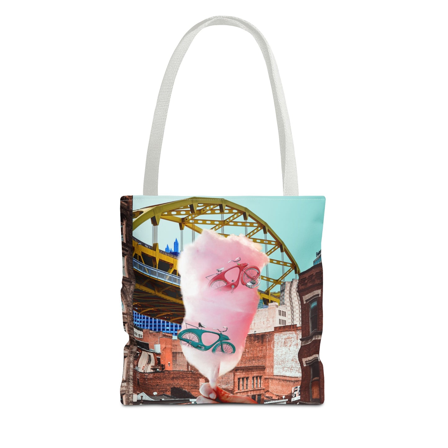 Sweet Ride Pittsburgh Landscape Tote Bag with Cotton Candy and Vintage Bicycles