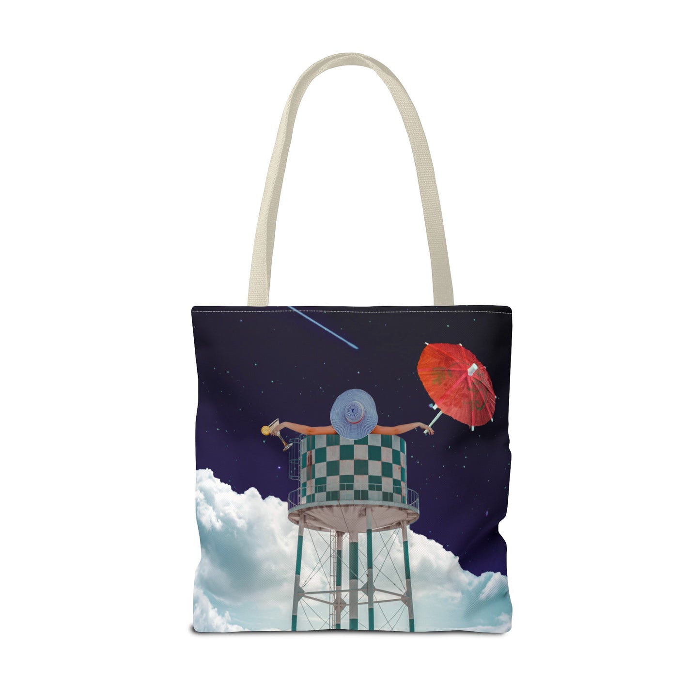 Tote Bag Featuring Surreal Art 'Soaked' - Woman with Martini Glass and Cocktail Umbrella - Nighttime Bliss