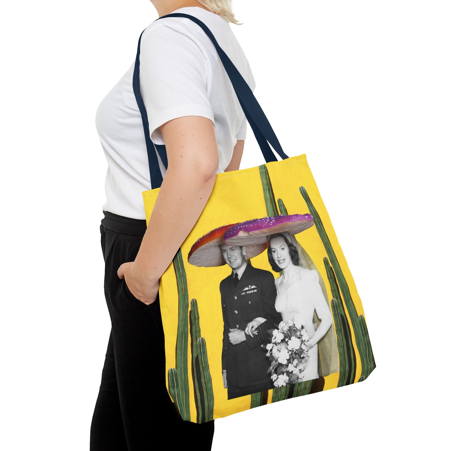 Cactus Wedding Theme Tote Bag - Mushroom Couple Love Story Collage Print "Here Comes The Shroom"