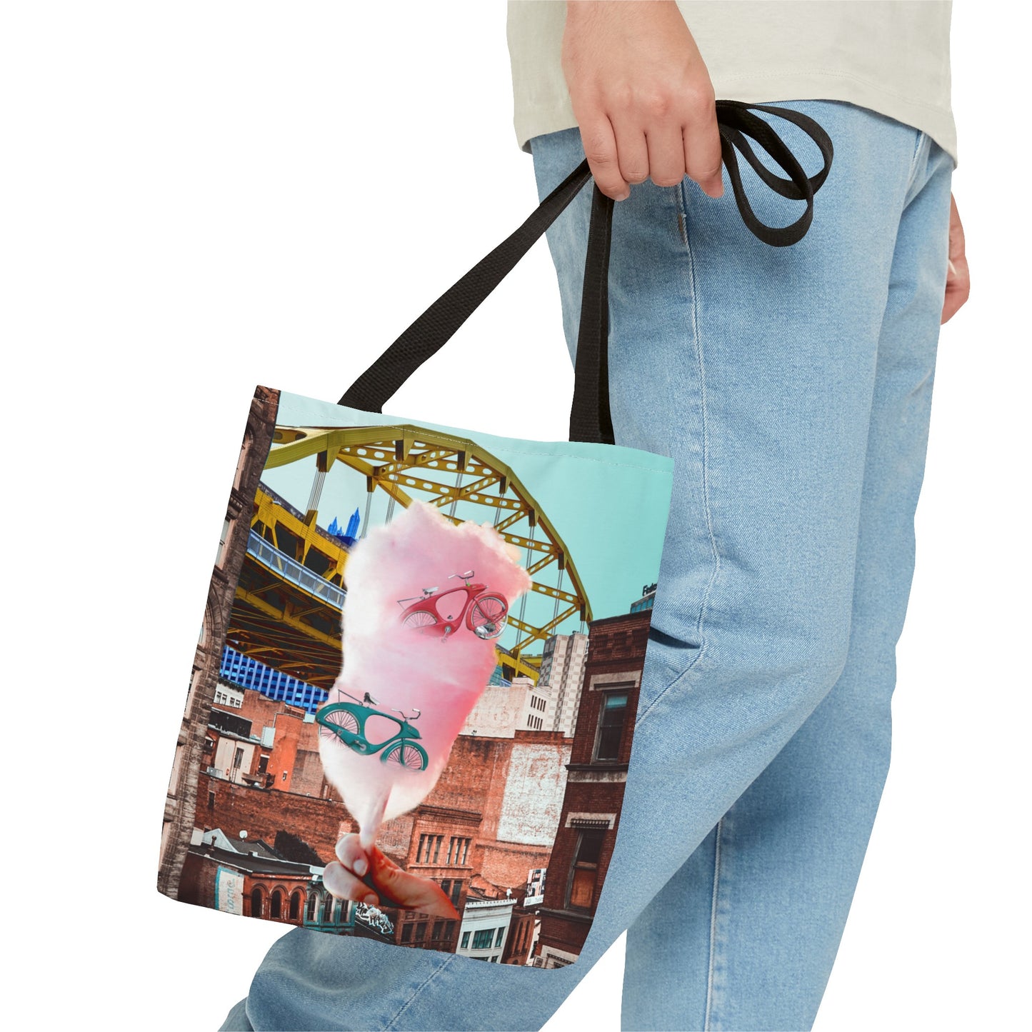 Sweet Ride Pittsburgh Landscape Tote Bag with Cotton Candy and Vintage Bicycles