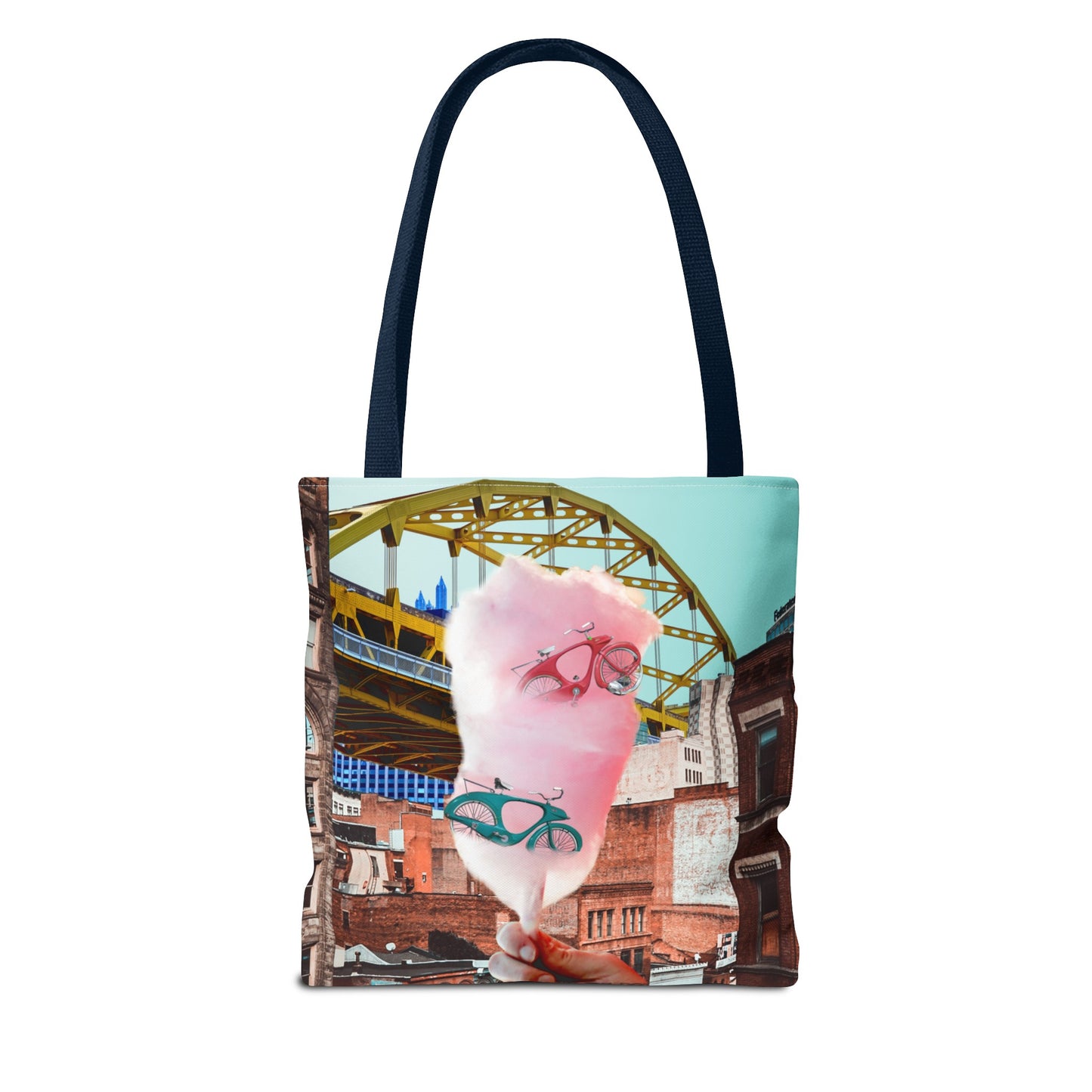 Sweet Ride Pittsburgh Landscape Tote Bag with Cotton Candy and Vintage Bicycles