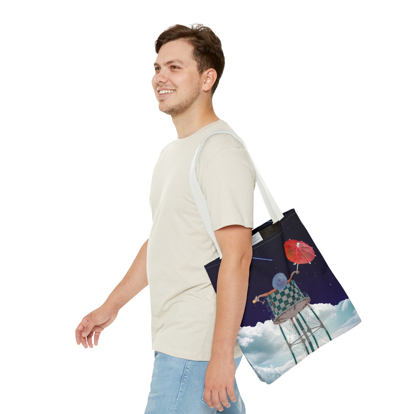 Tote Bag Featuring Surreal Art 'Soaked' - Woman with Martini Glass and Cocktail Umbrella - Nighttime Bliss