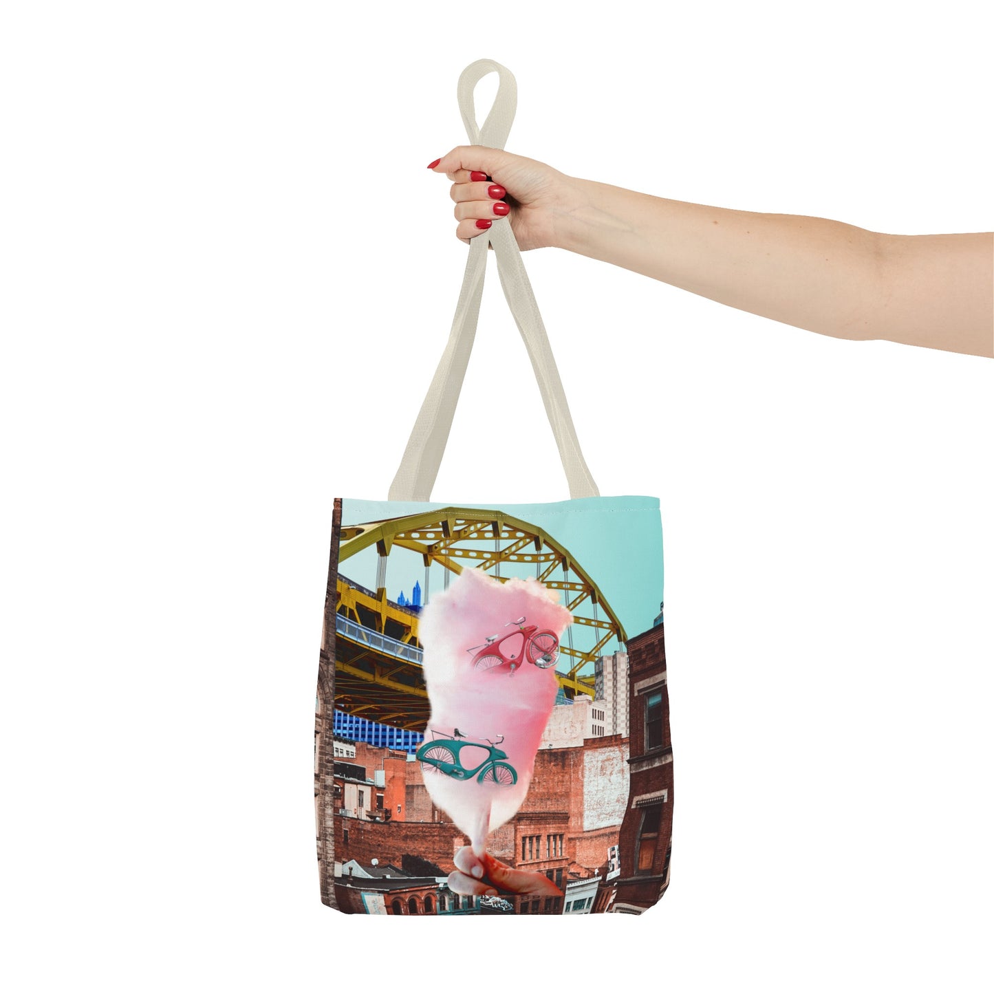 Sweet Ride Pittsburgh Landscape Tote Bag with Cotton Candy and Vintage Bicycles