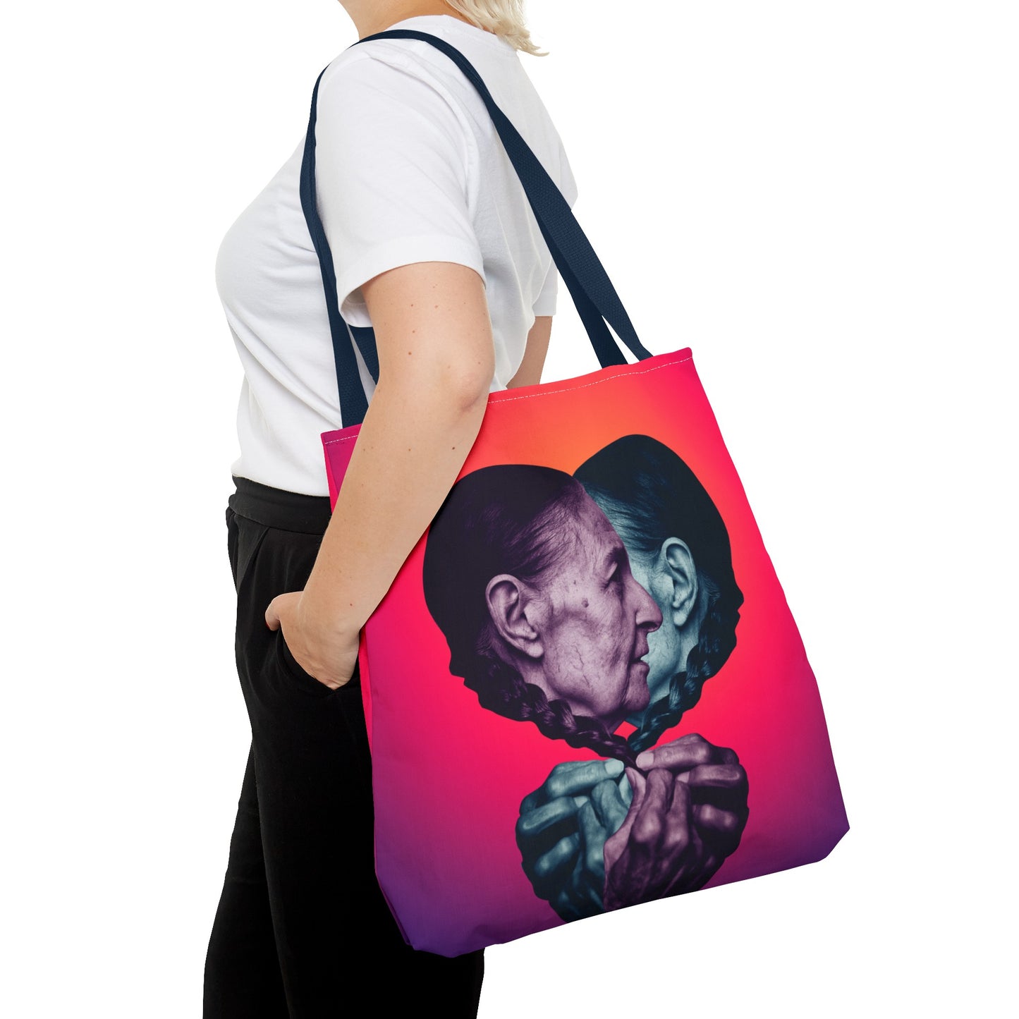 Mesmerizing Collage Art Tote Bag "Keeping Secrets" - Woman Whispering Secret into Her Own Ear