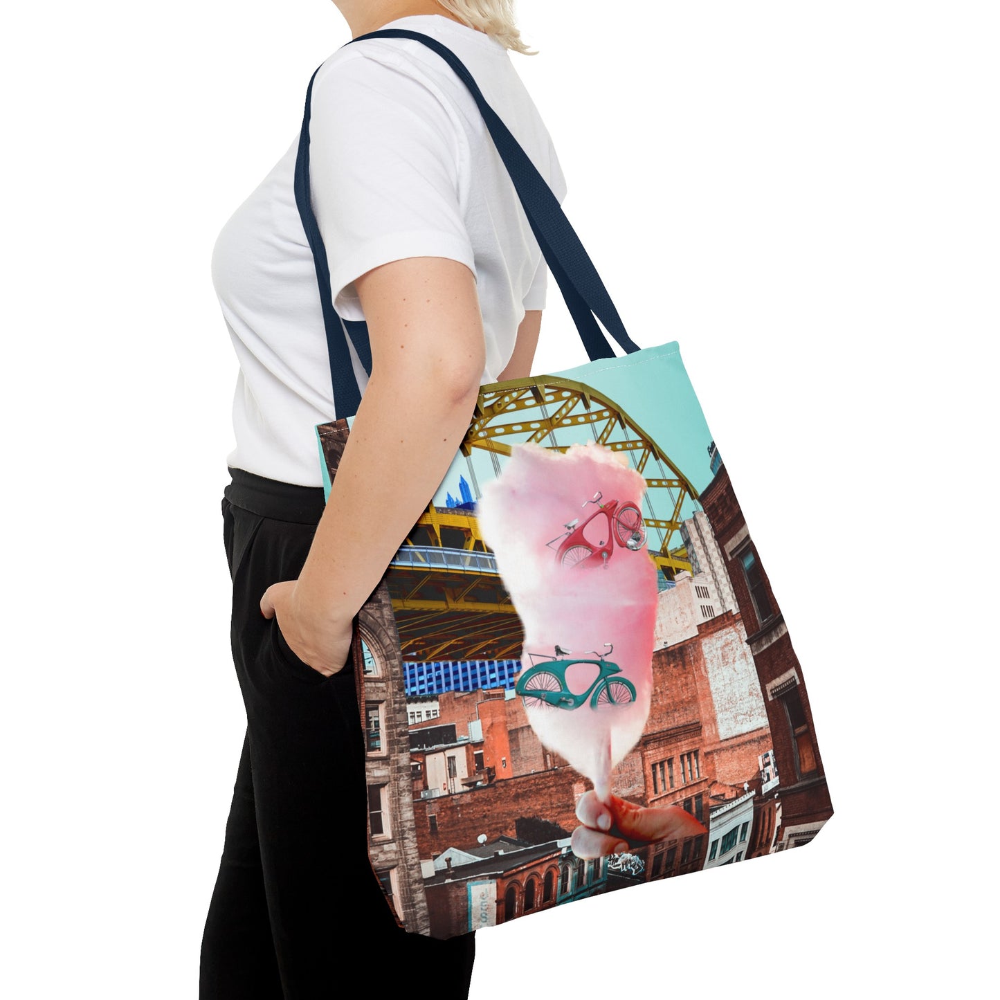 Sweet Ride Pittsburgh Landscape Tote Bag with Cotton Candy and Vintage Bicycles