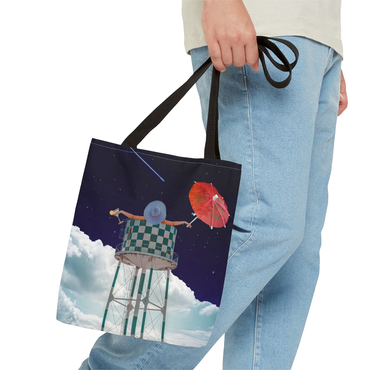 Tote Bag Featuring Surreal Art 'Soaked' - Woman with Martini Glass and Cocktail Umbrella - Nighttime Bliss
