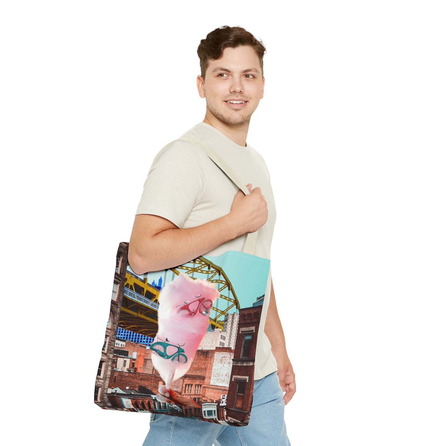 Sweet Ride Pittsburgh Landscape Tote Bag with Cotton Candy and Vintage Bicycles